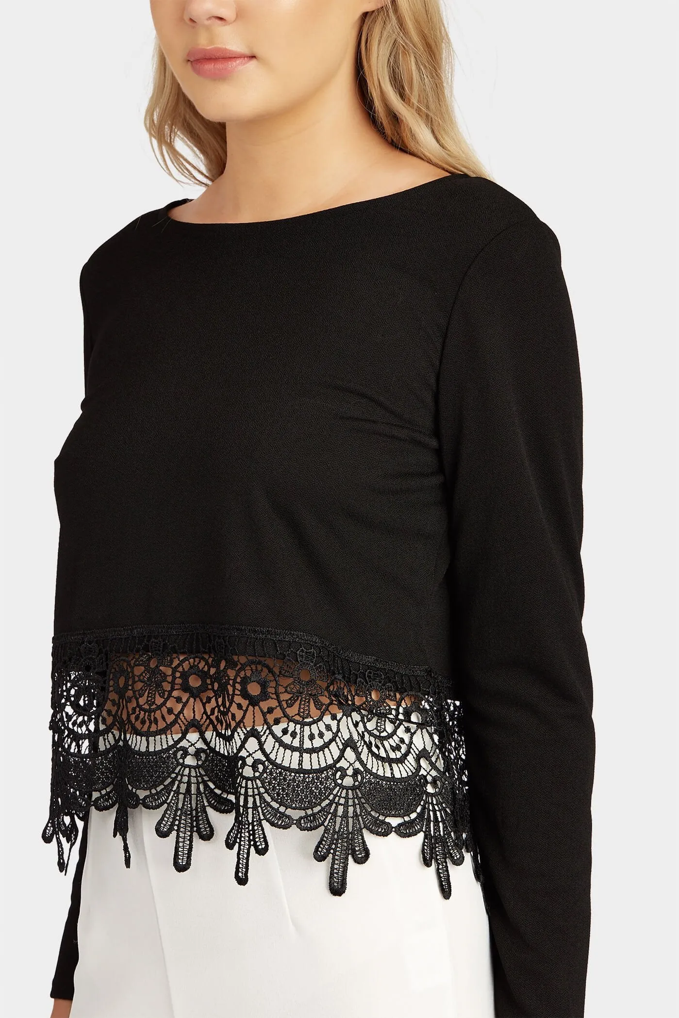Black Long Sleeved Crochet Detail Crop Top