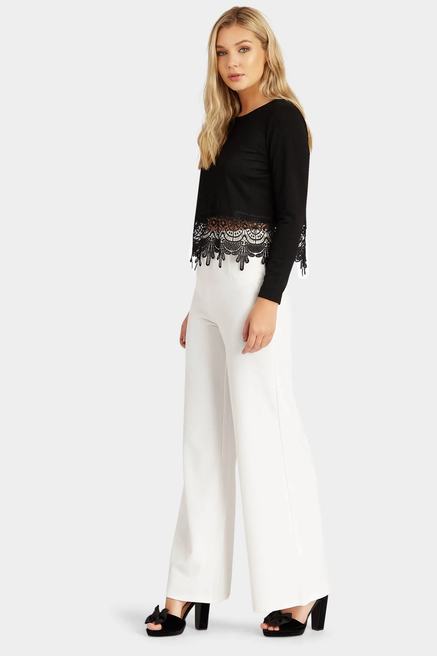 Black Long Sleeved Crochet Detail Crop Top
