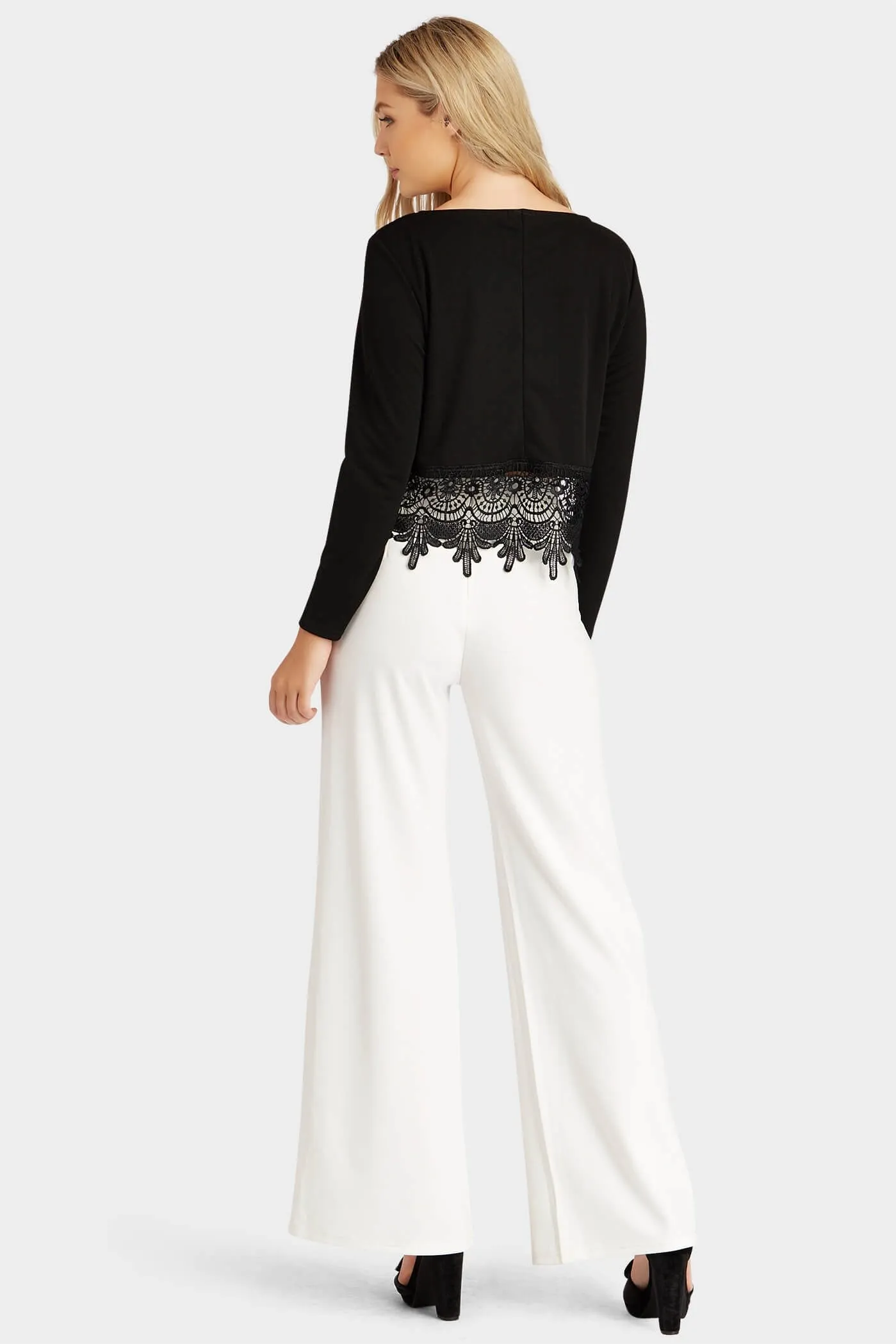 Black Long Sleeved Crochet Detail Crop Top