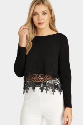 Black Long Sleeved Crochet Detail Crop Top