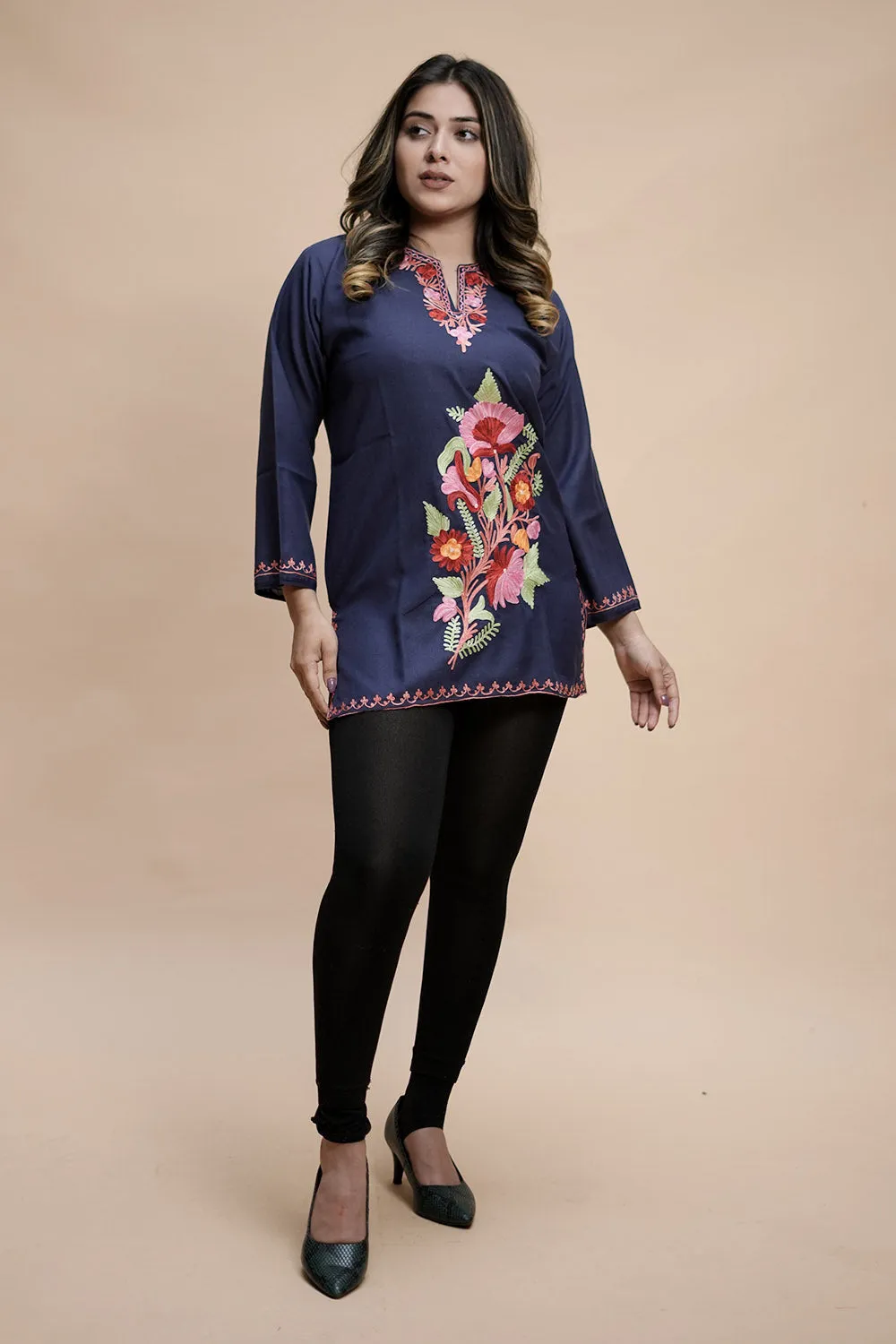 Blue Cotton Aari Work Kurti With Multicoloured Designer Flower Embroidery