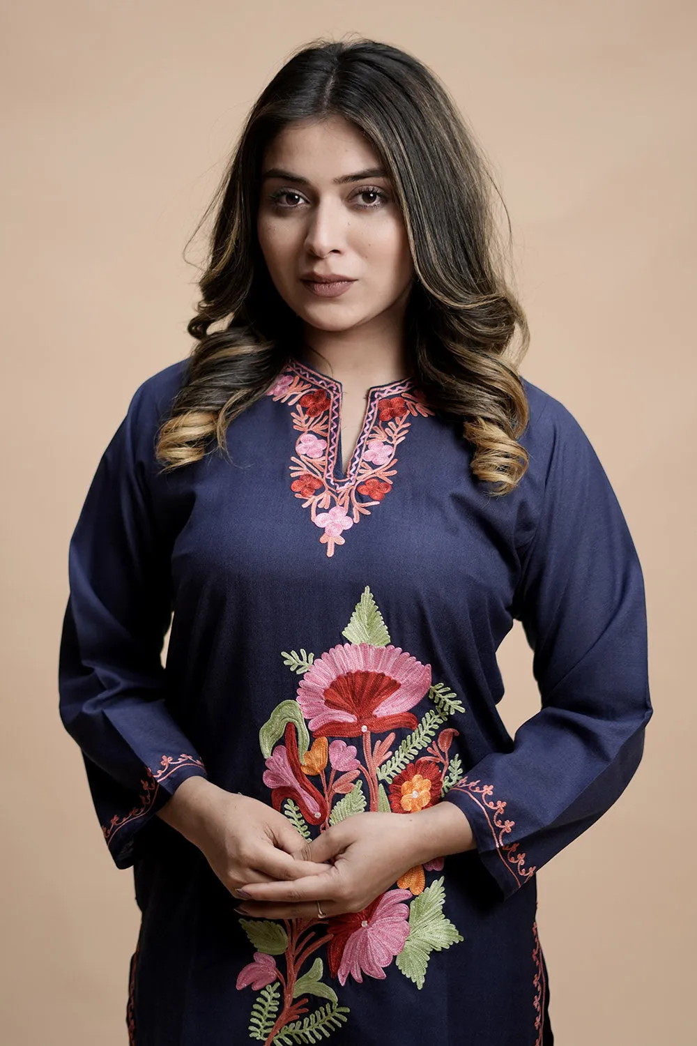Blue Cotton Aari Work Kurti With Multicoloured Designer Flower Embroidery