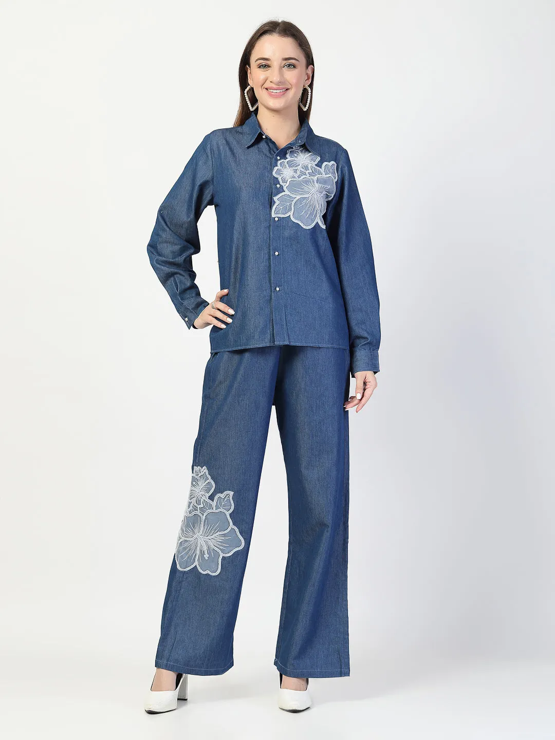 Blue Denim Embroidered Co-Ord Set