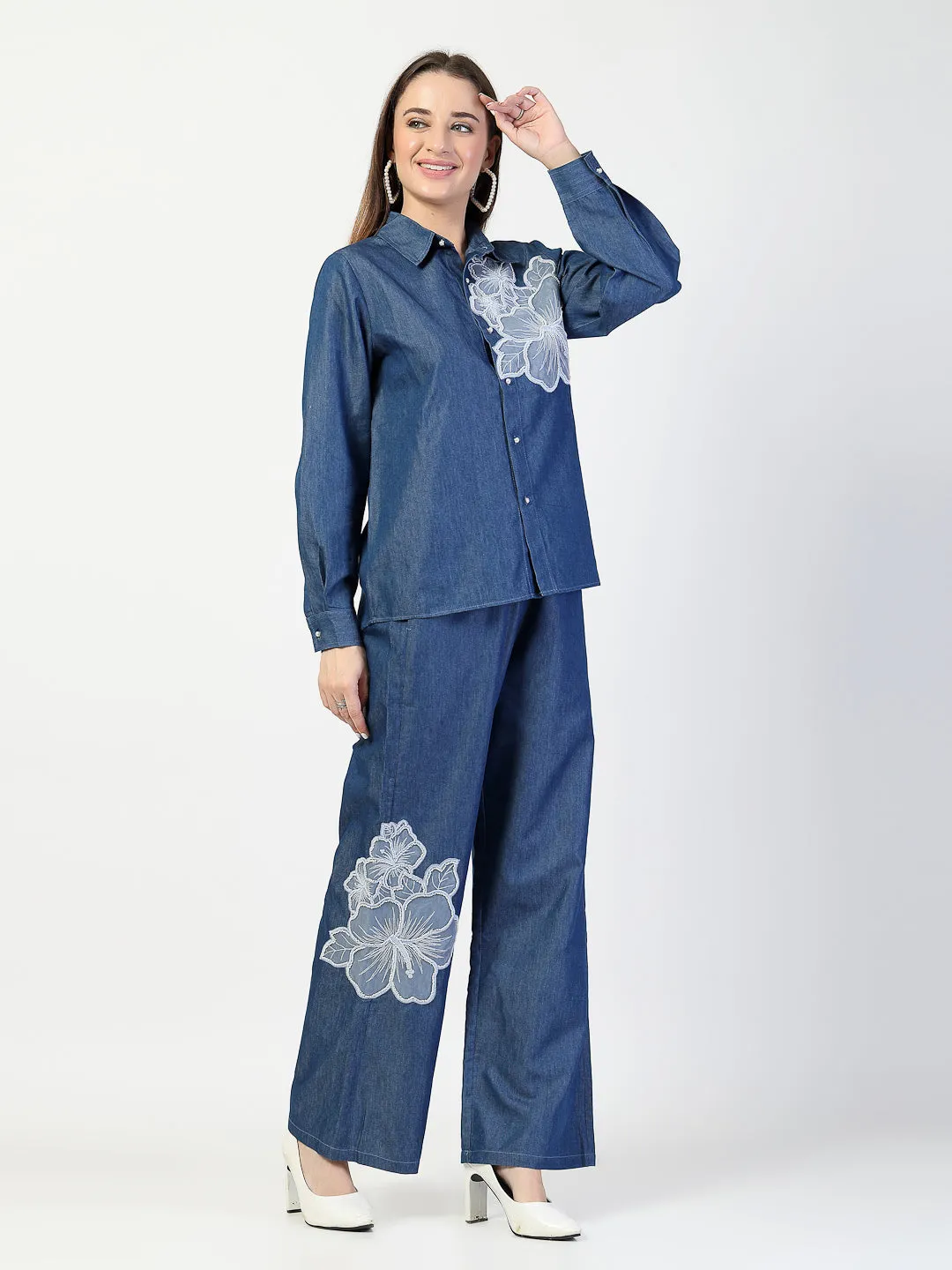 Blue Denim Embroidered Co-Ord Set