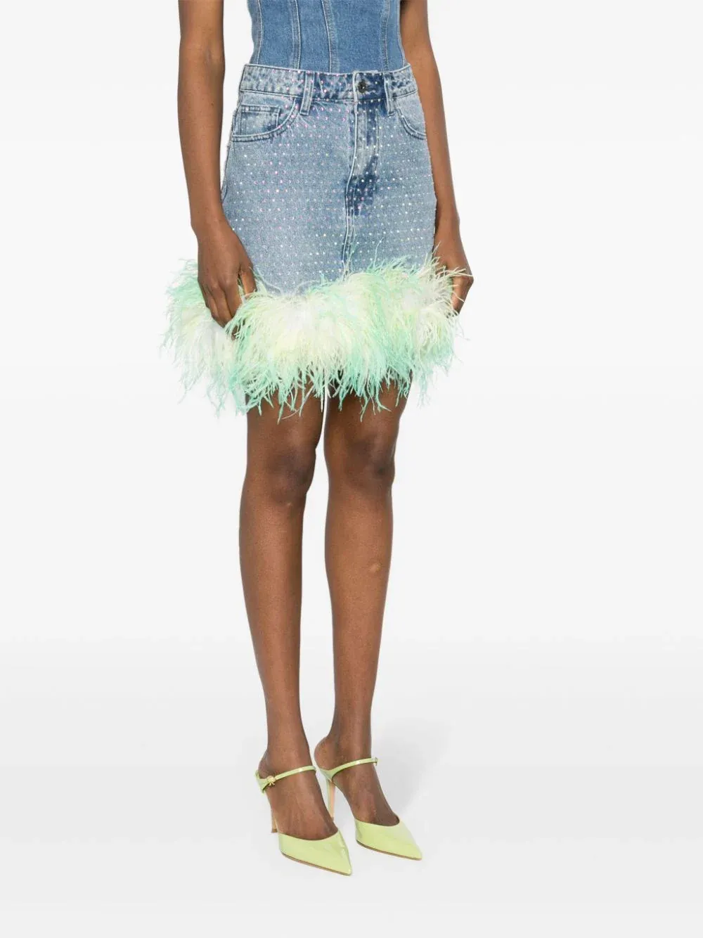 Blue Rhinestone Feather Denim Skirt