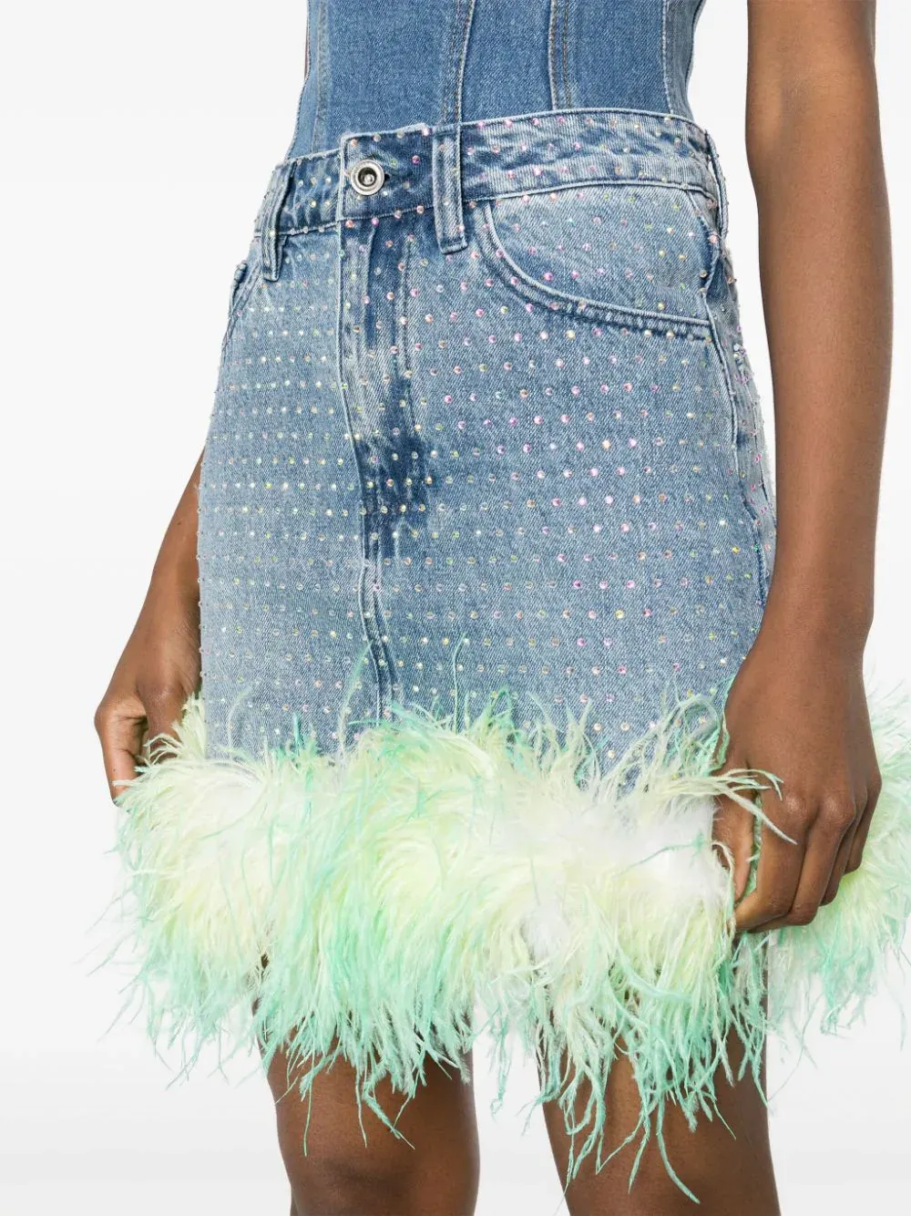 Blue Rhinestone Feather Denim Skirt