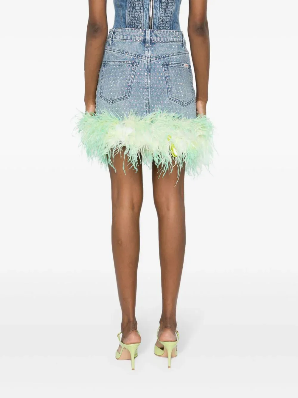 Blue Rhinestone Feather Denim Skirt