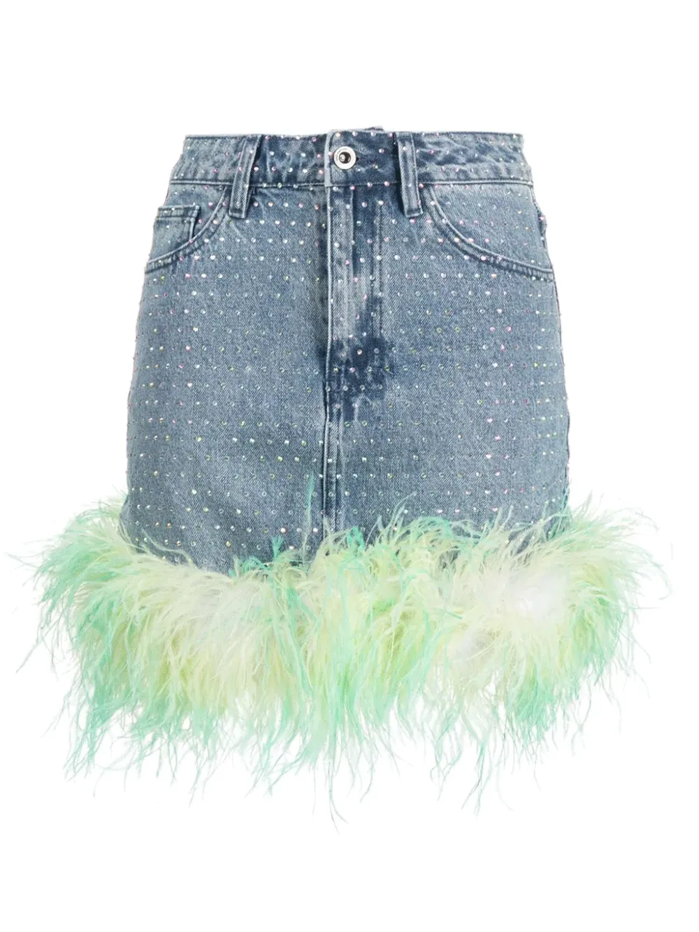 Blue Rhinestone Feather Denim Skirt