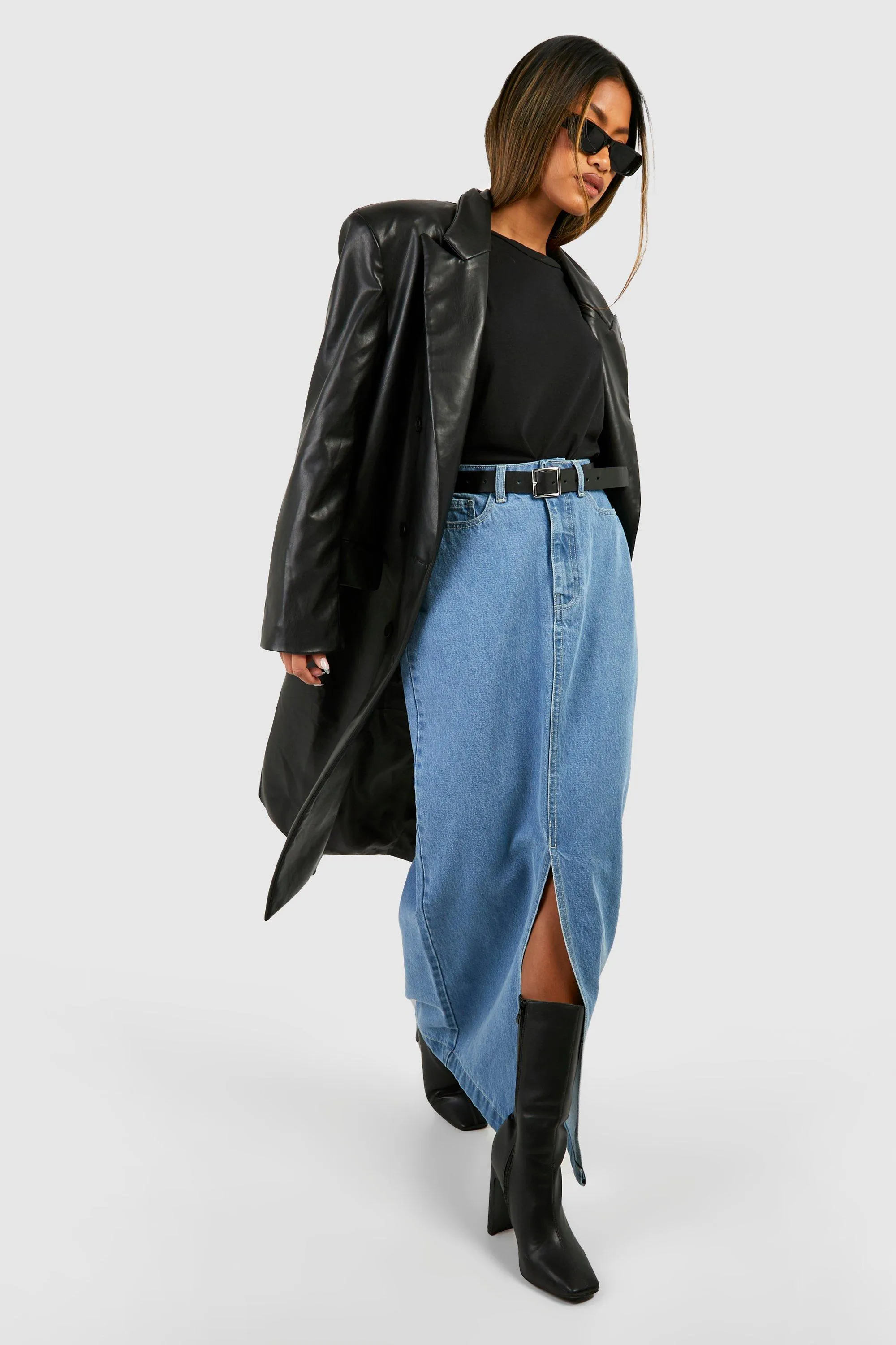 Boohoo Front Split Denim Maxi Skirt, Blue