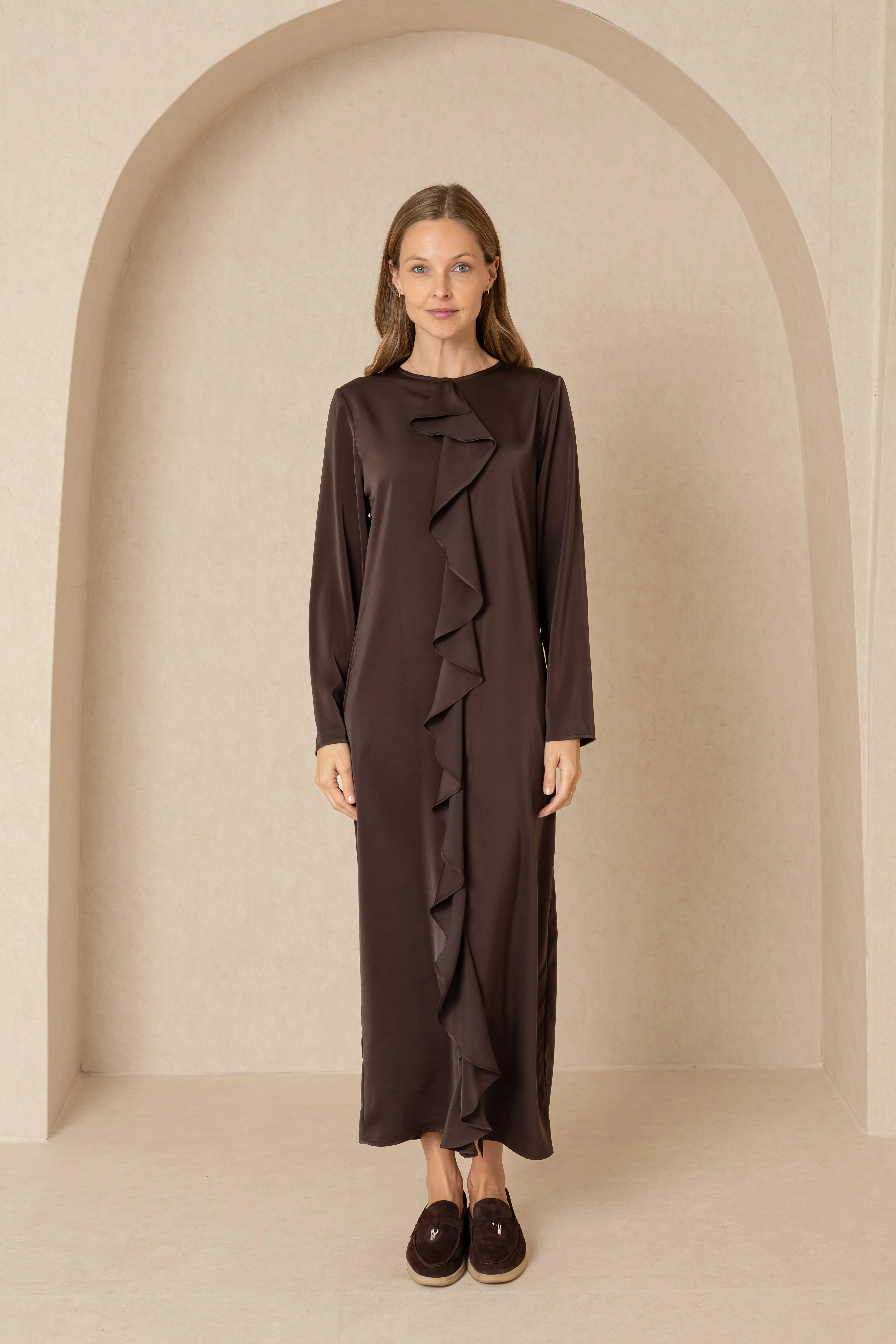Brown Front Ruffle Silk Maxi