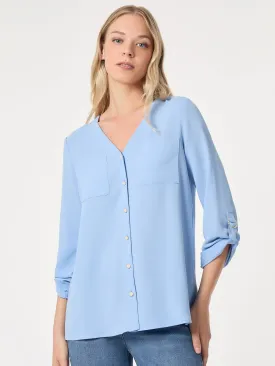 Button-Front Collarless Tunic, Crepe De Chine