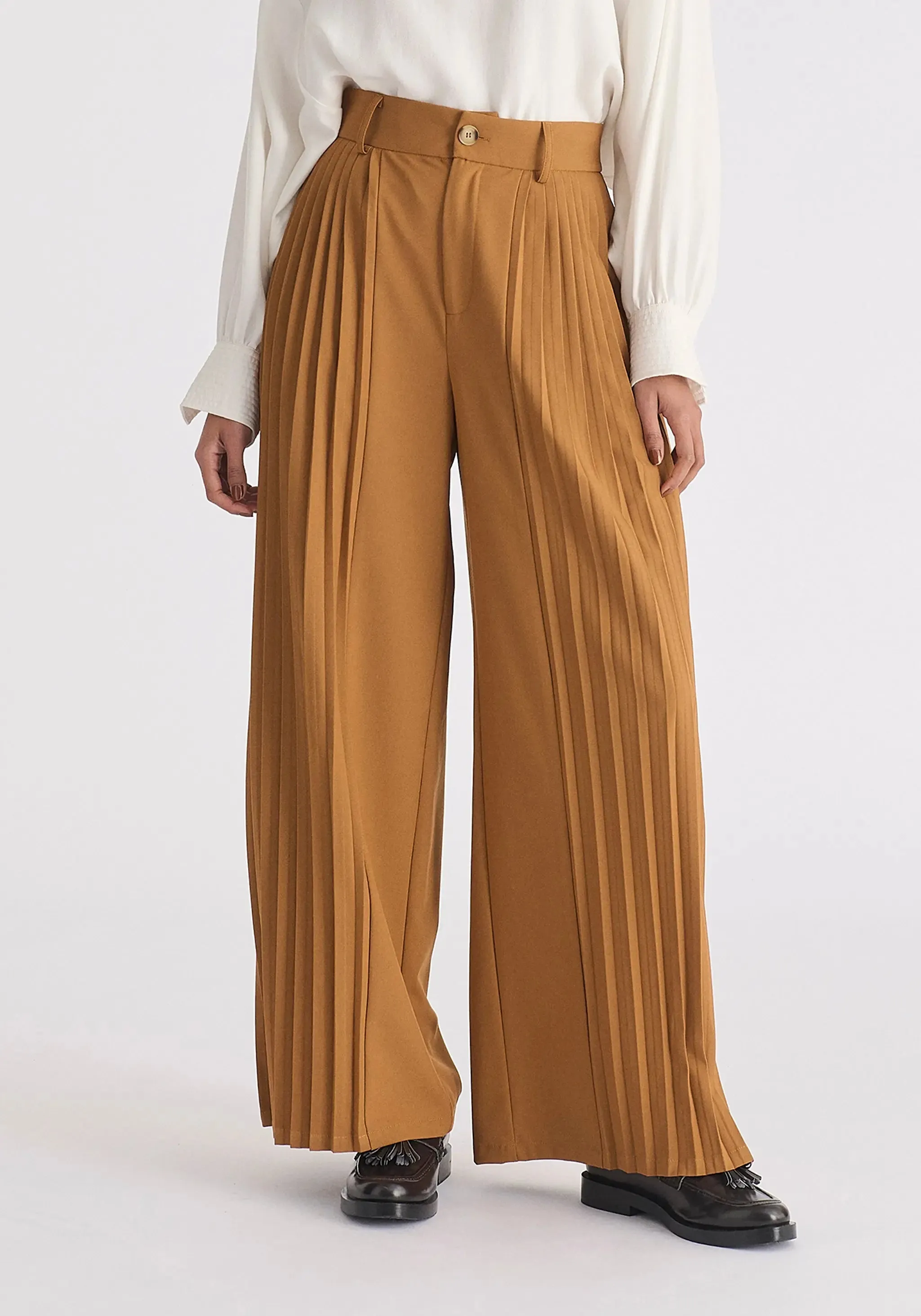 Camel Pleated Wide Leg Trousers