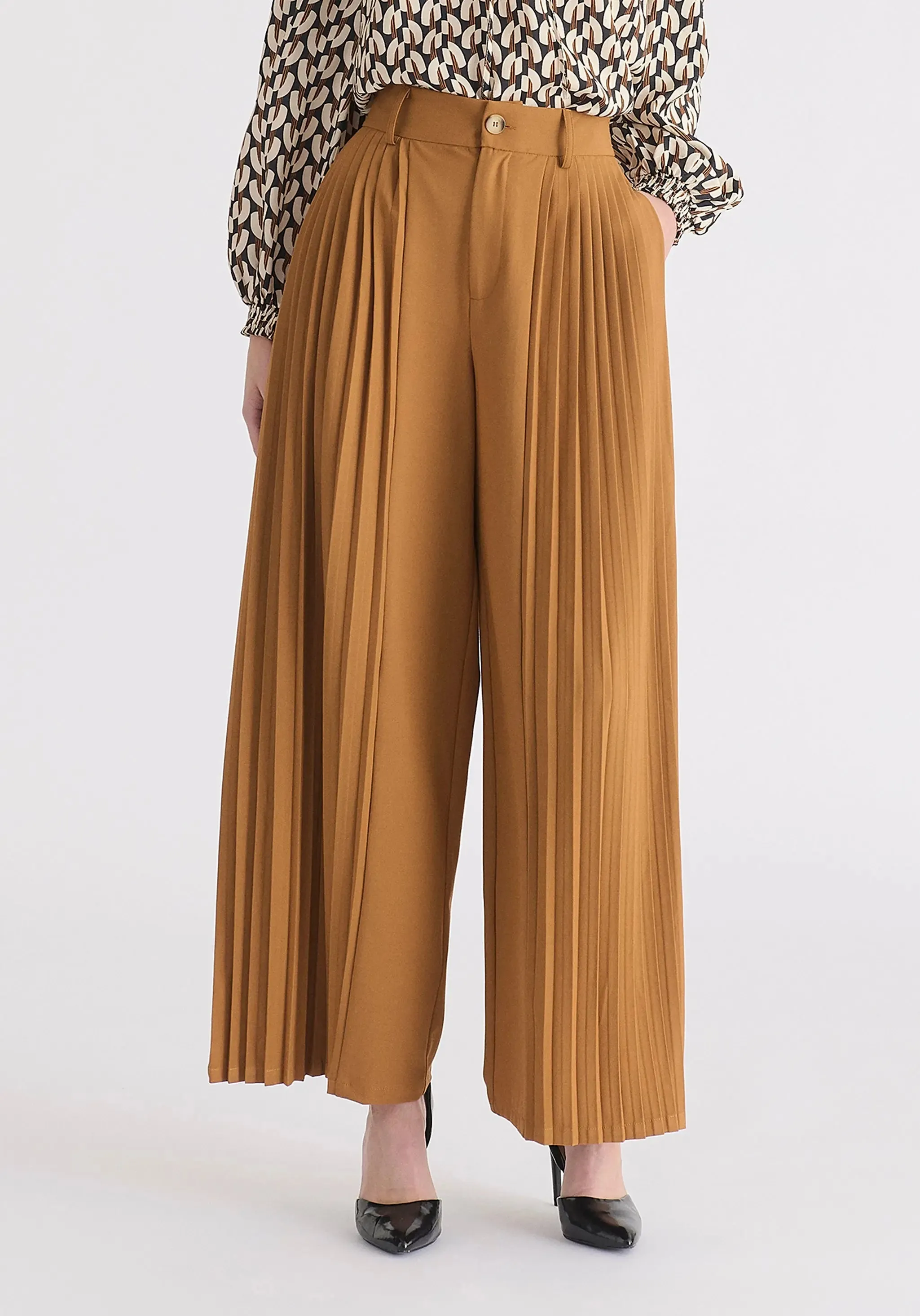 Camel Pleated Wide Leg Trousers