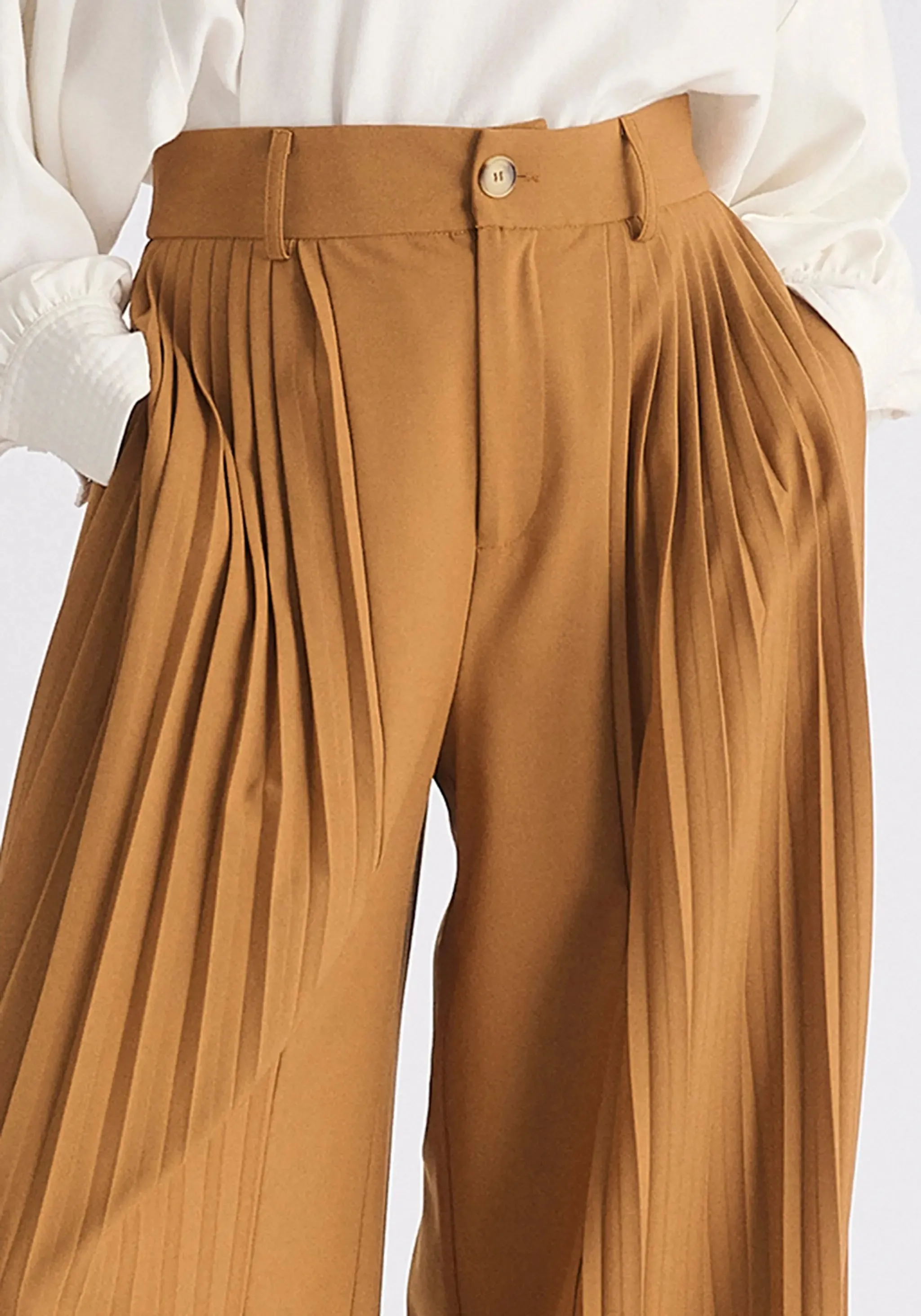 Camel Pleated Wide Leg Trousers