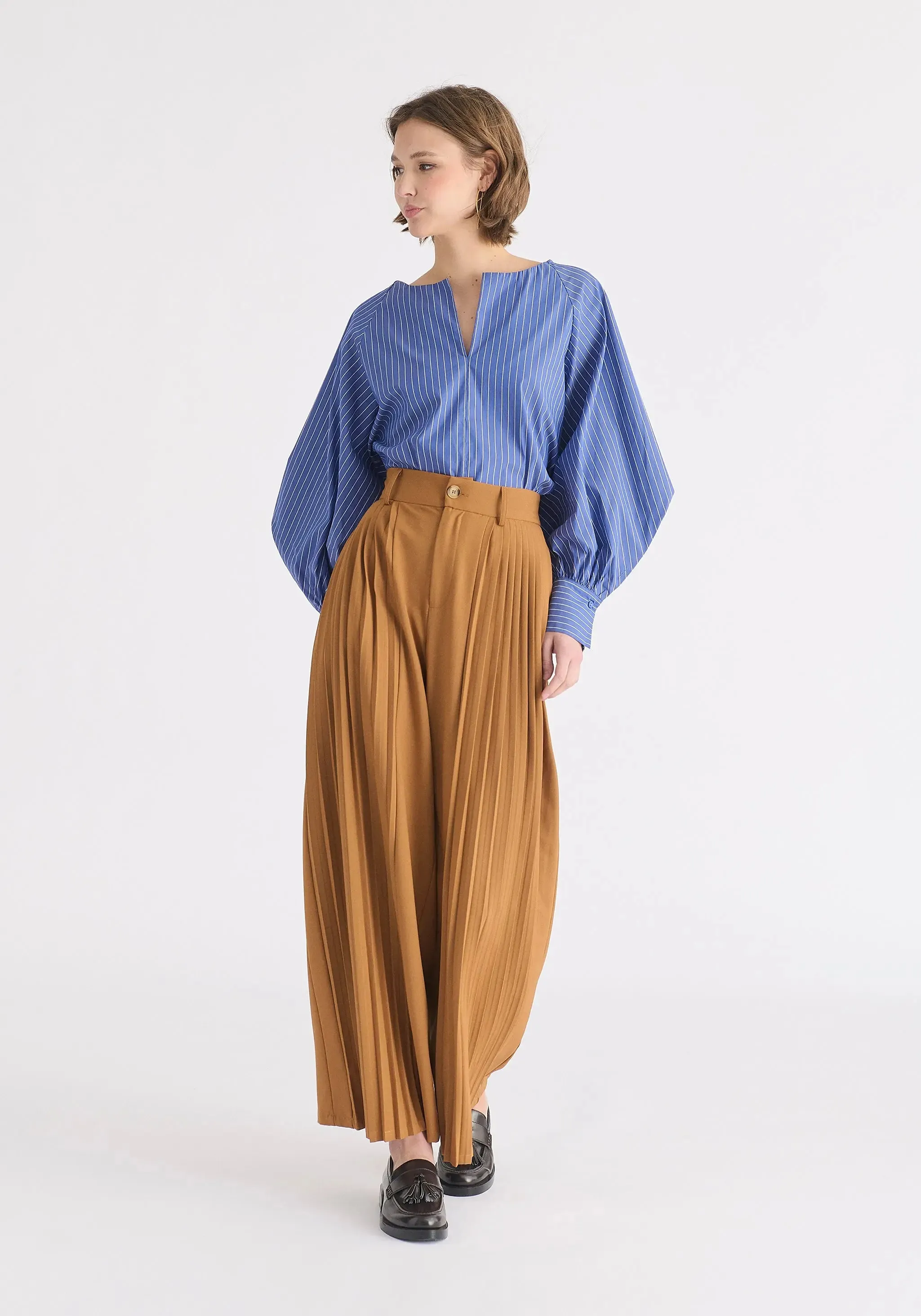 Camel Pleated Wide Leg Trousers
