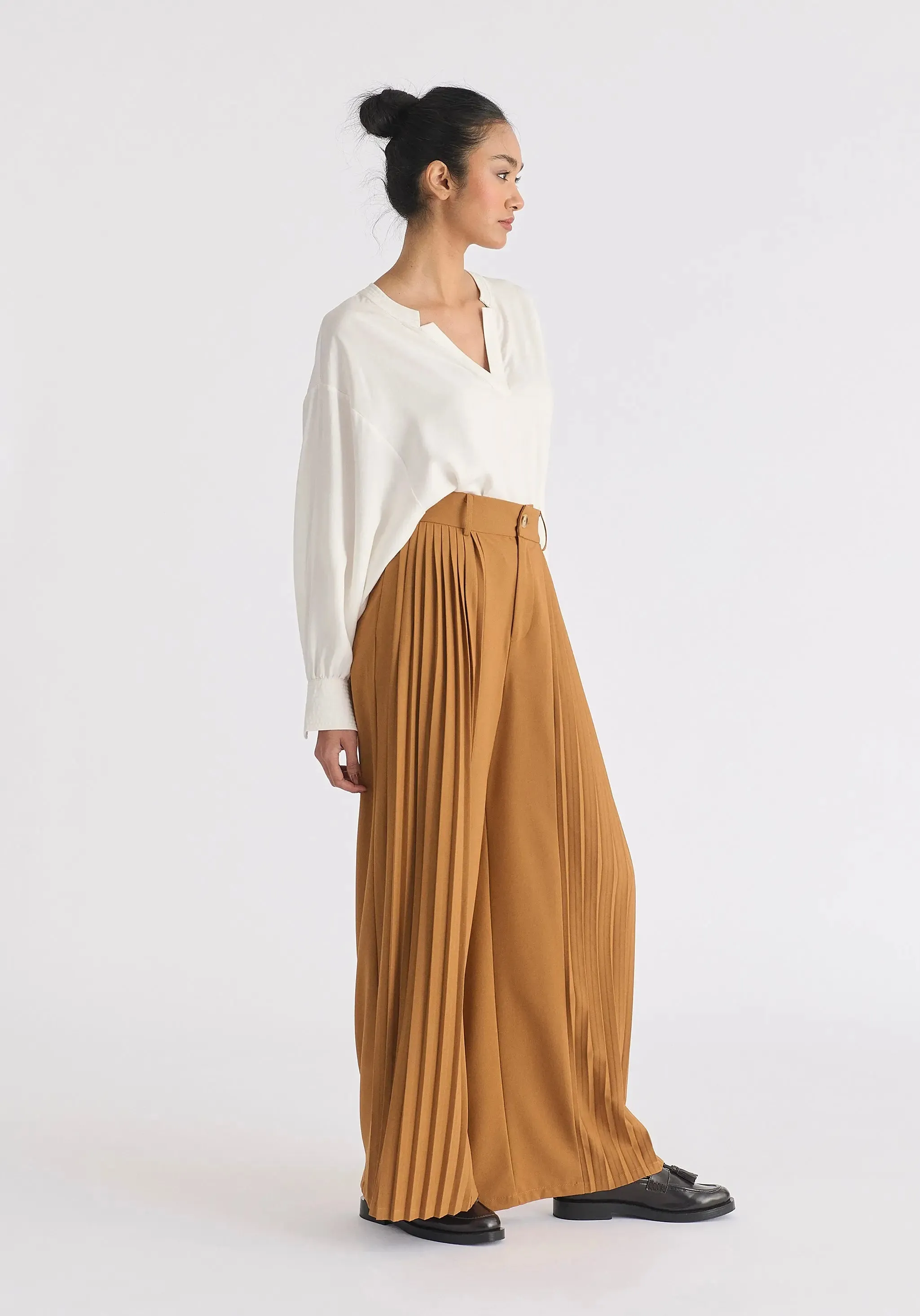 Camel Pleated Wide Leg Trousers
