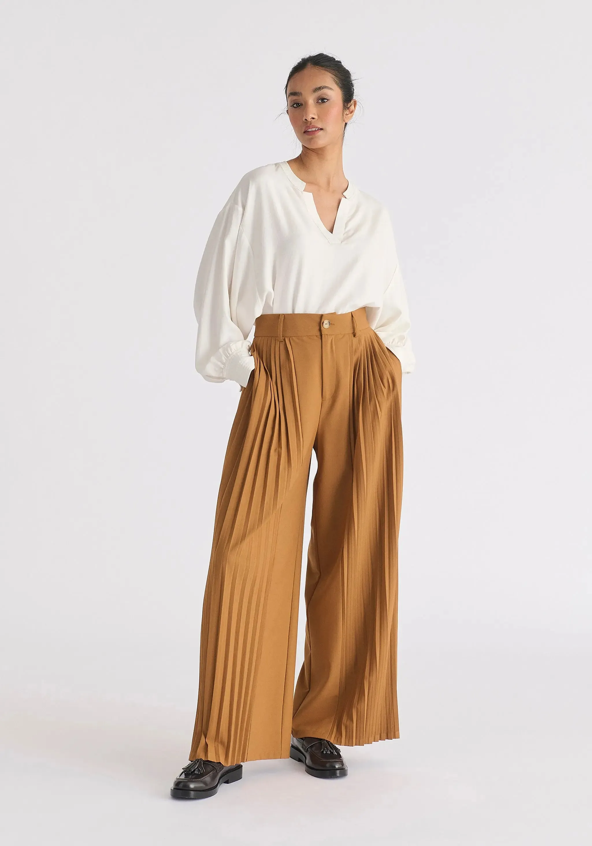Camel Pleated Wide Leg Trousers