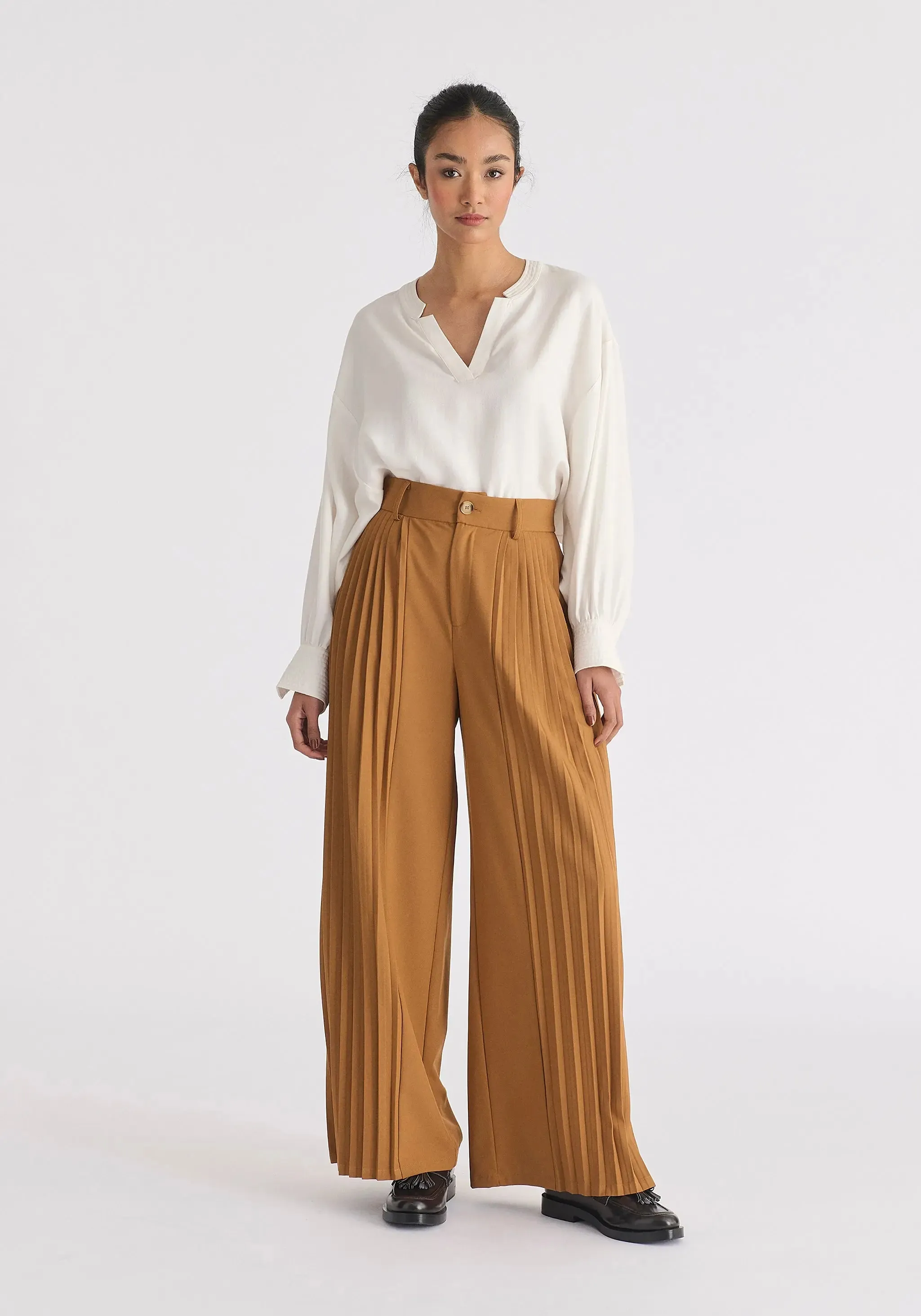 Camel Pleated Wide Leg Trousers