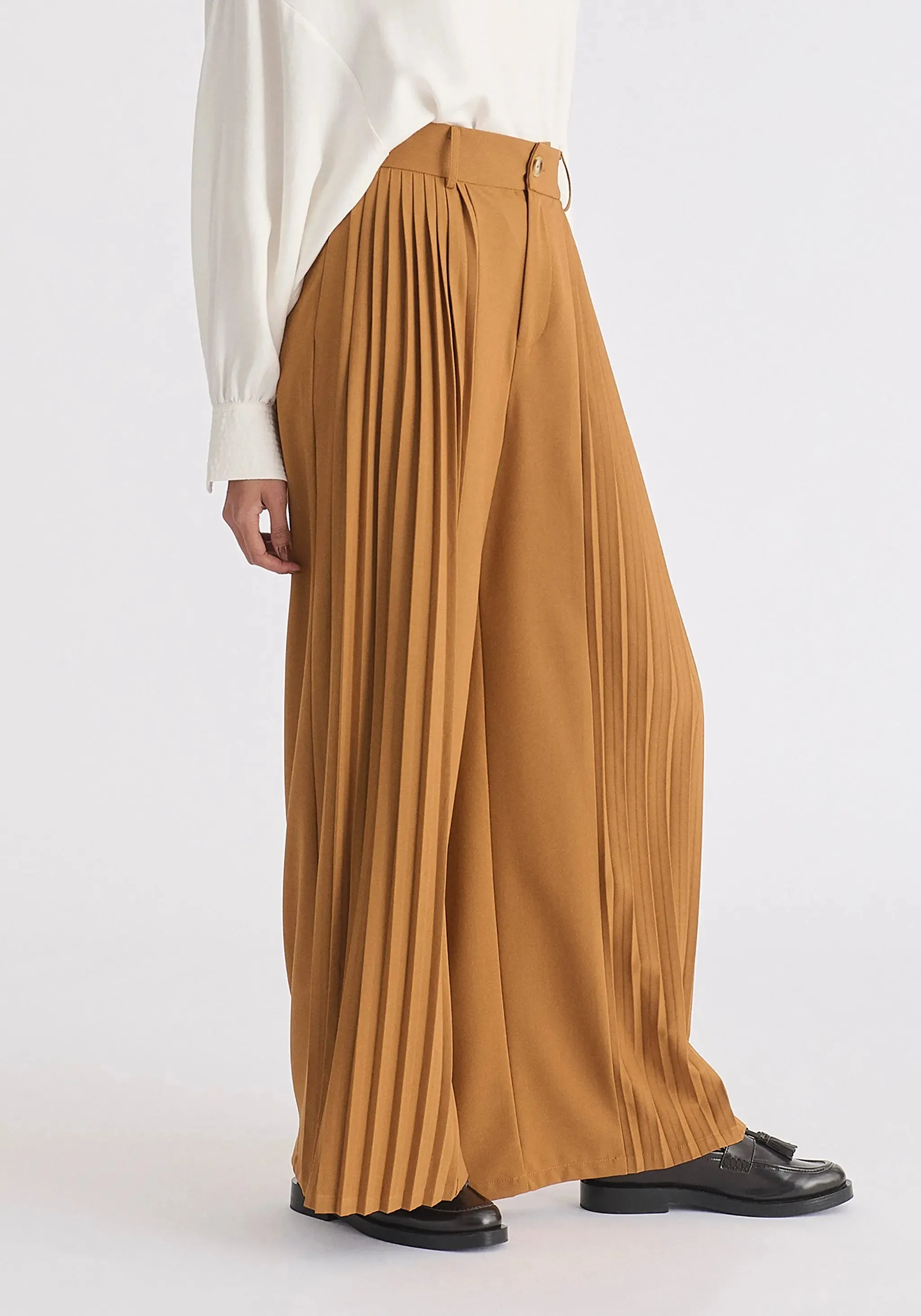 Camel Pleated Wide Leg Trousers