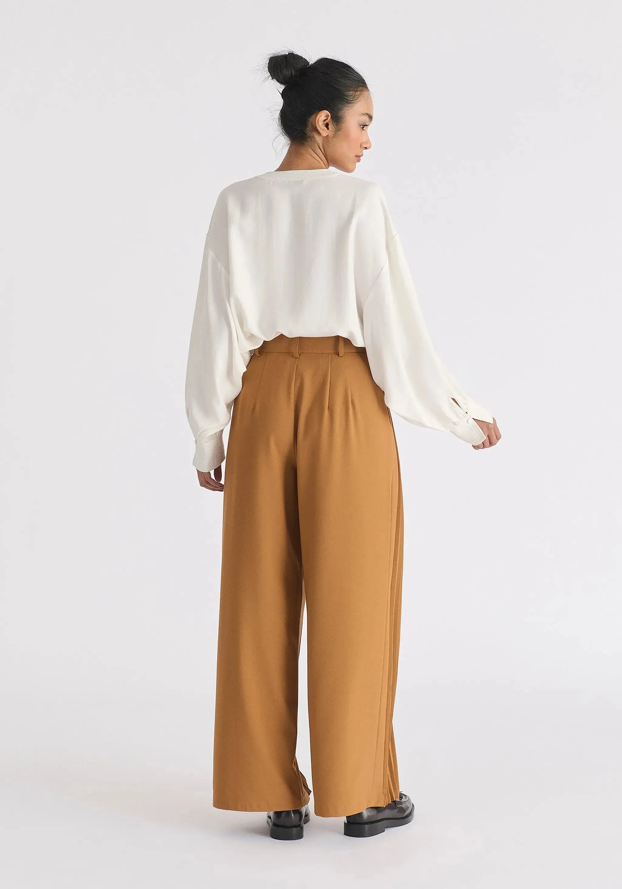 Camel Pleated Wide Leg Trousers