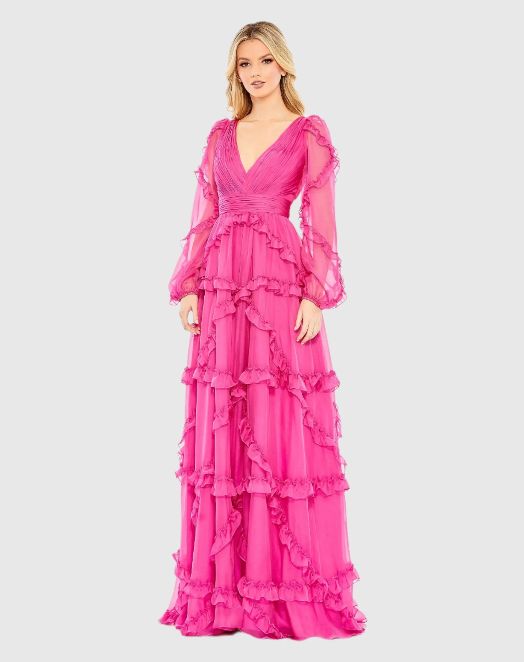 Cascading Ruffle Puff Sleeve A Line Gown