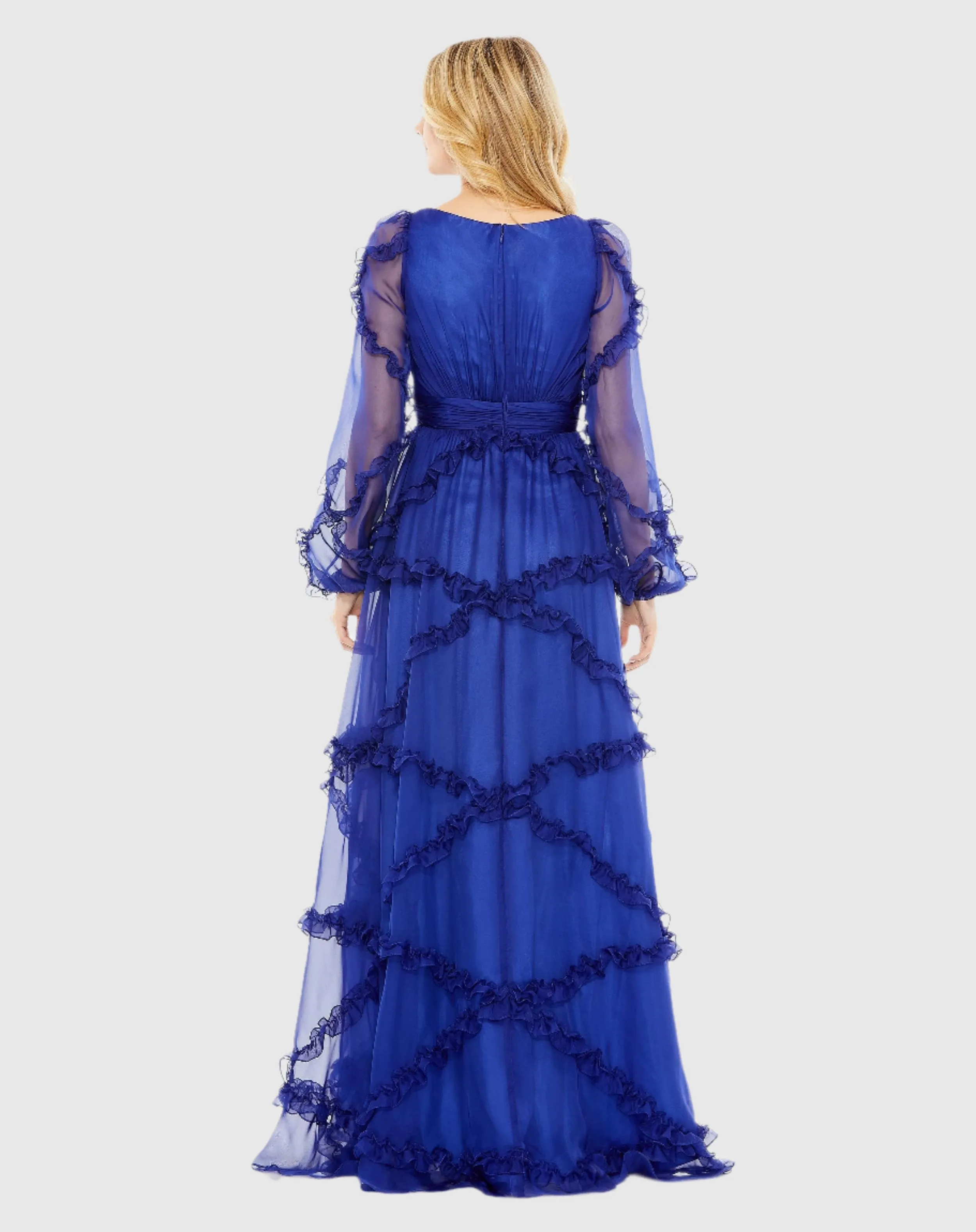 Cascading Ruffle Puff Sleeve A Line Gown