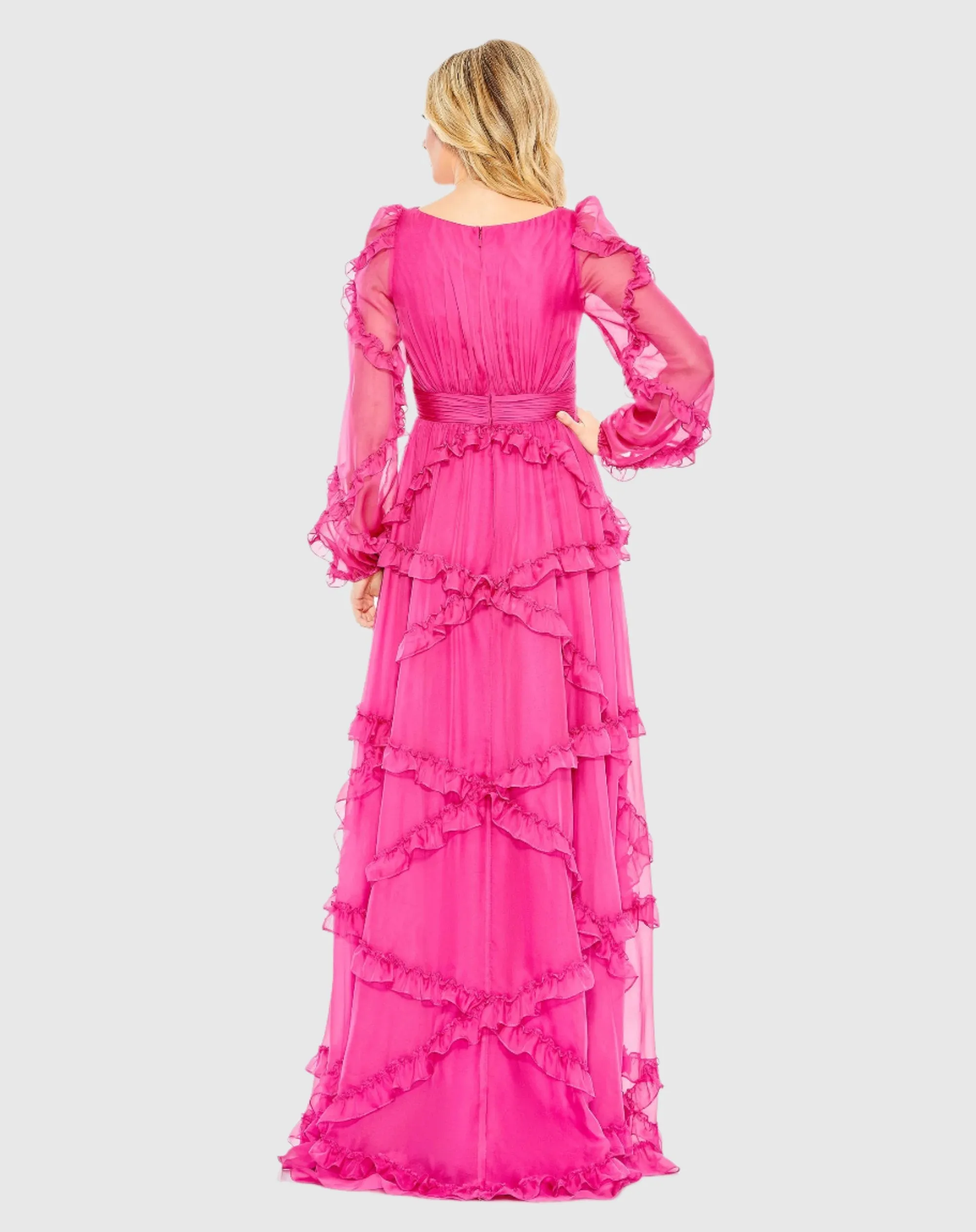 Cascading Ruffle Puff Sleeve A Line Gown