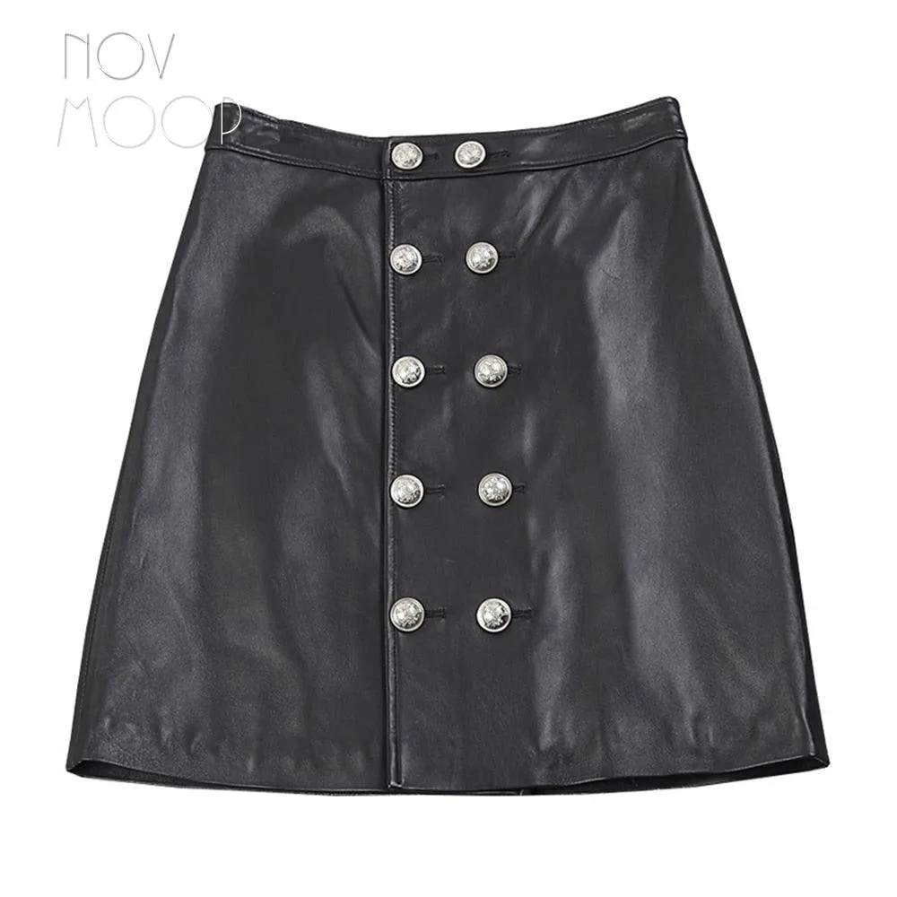 Casual Black A-Line High Waist Skirt Genuine Sheepskin