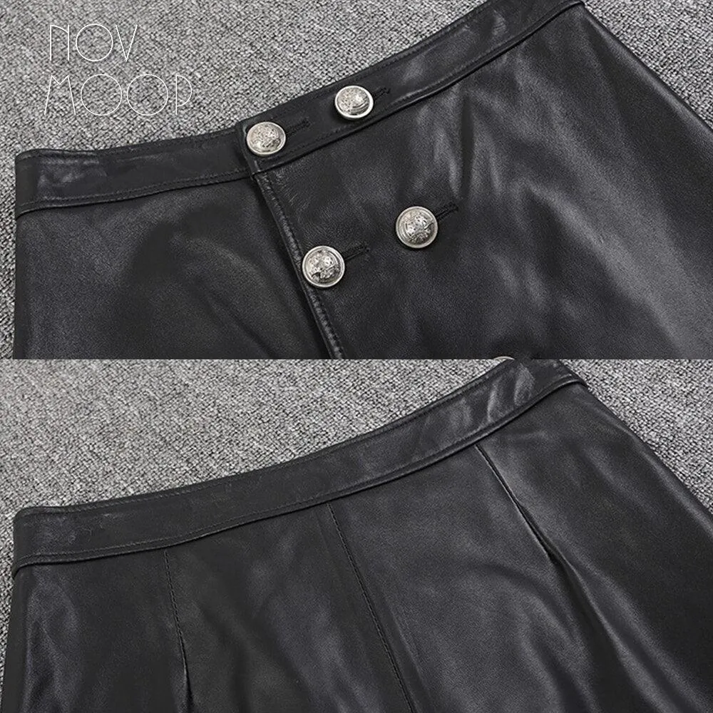 Casual Black A-Line High Waist Skirt Genuine Sheepskin