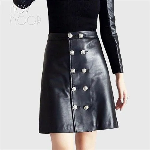 Casual Black A-Line High Waist Skirt Genuine Sheepskin