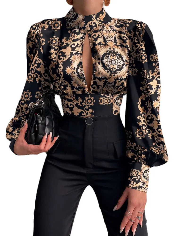 Casual Blouses women Baroque Print Puff Lantern Sleeve Backless Blouse Tops Women