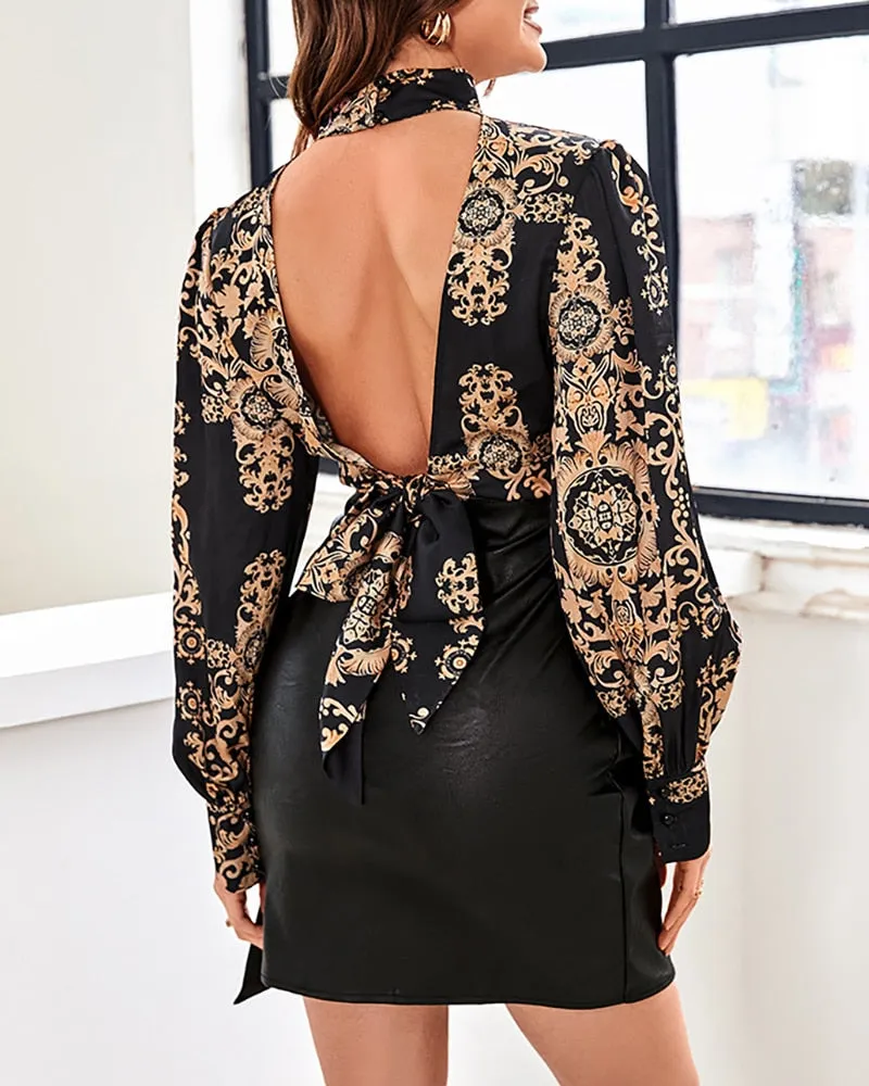 Casual Blouses women Baroque Print Puff Lantern Sleeve Backless Blouse Tops Women