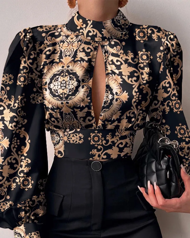 Casual Blouses women Baroque Print Puff Lantern Sleeve Backless Blouse Tops Women