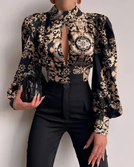 Casual Blouses women Baroque Print Puff Lantern Sleeve Backless Blouse Tops Women