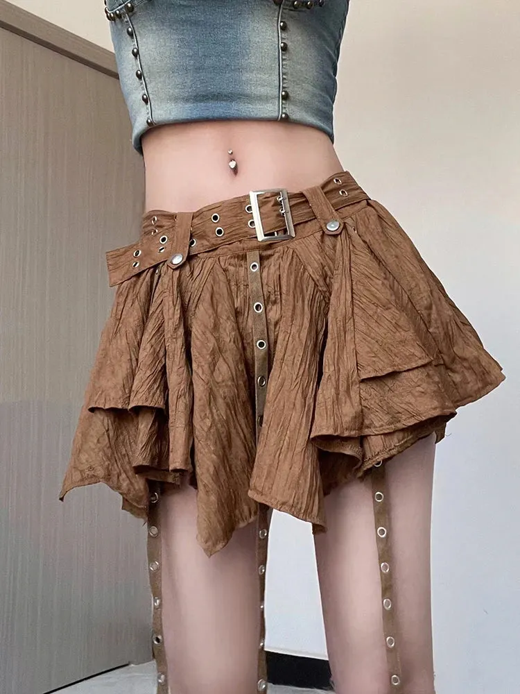 Casual Solid Asymmetrical A-Line Skirt With Sashes Holiday Mid-Waisted Mini Skirts Women Summer Beach Style Fashion