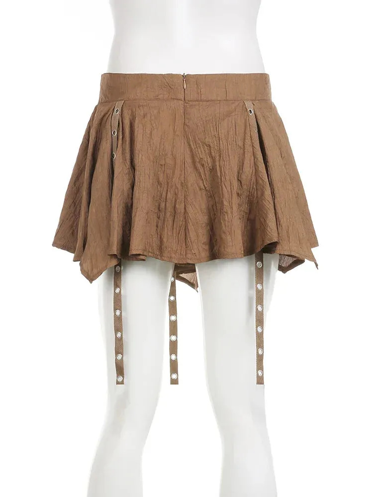 Casual Solid Asymmetrical A-Line Skirt With Sashes Holiday Mid-Waisted Mini Skirts Women Summer Beach Style Fashion