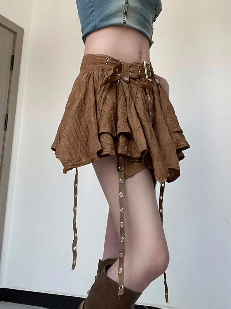 Casual Solid Asymmetrical A-Line Skirt With Sashes Holiday Mid-Waisted Mini Skirts Women Summer Beach Style Fashion