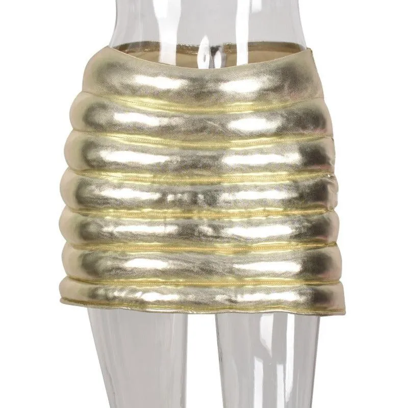 Champagne Puffer Mini Skirt Metallic Shiny Warm Quilted