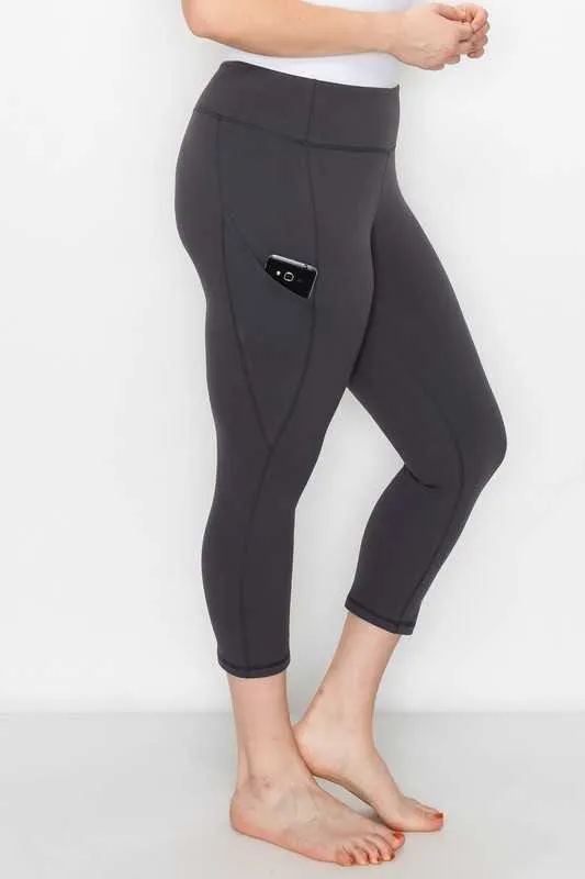 Charcoal High-Waist Capri Yoga Pants With Side Pockets - High-Quality Leggings