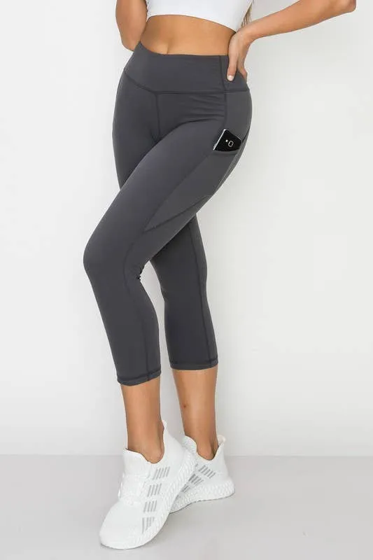 Charcoal High-Waist Capri Yoga Pants With Side Pockets - High-Quality Leggings