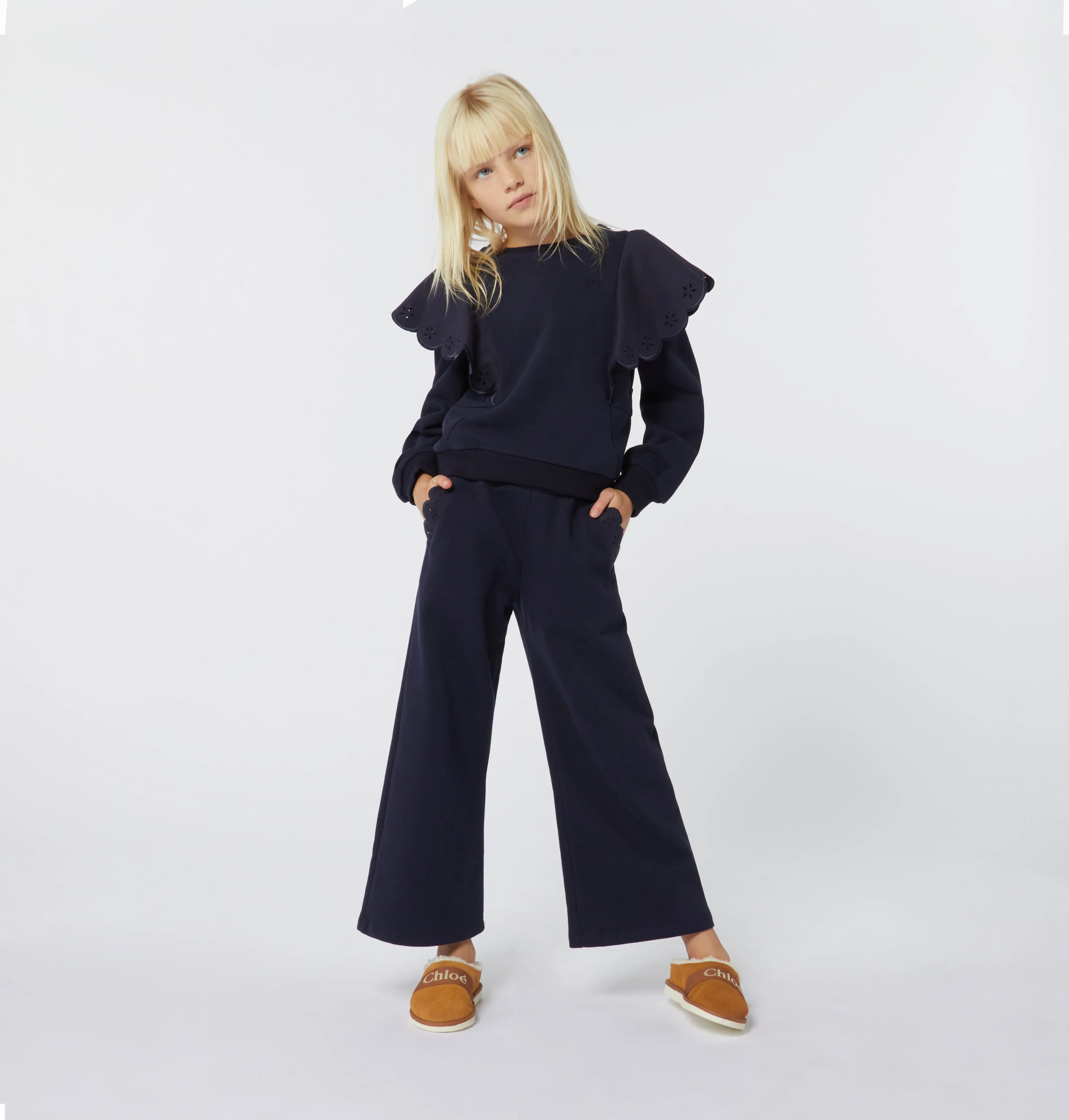 Chloé Girls Navy Blue Cotton Wide-Leg Joggers