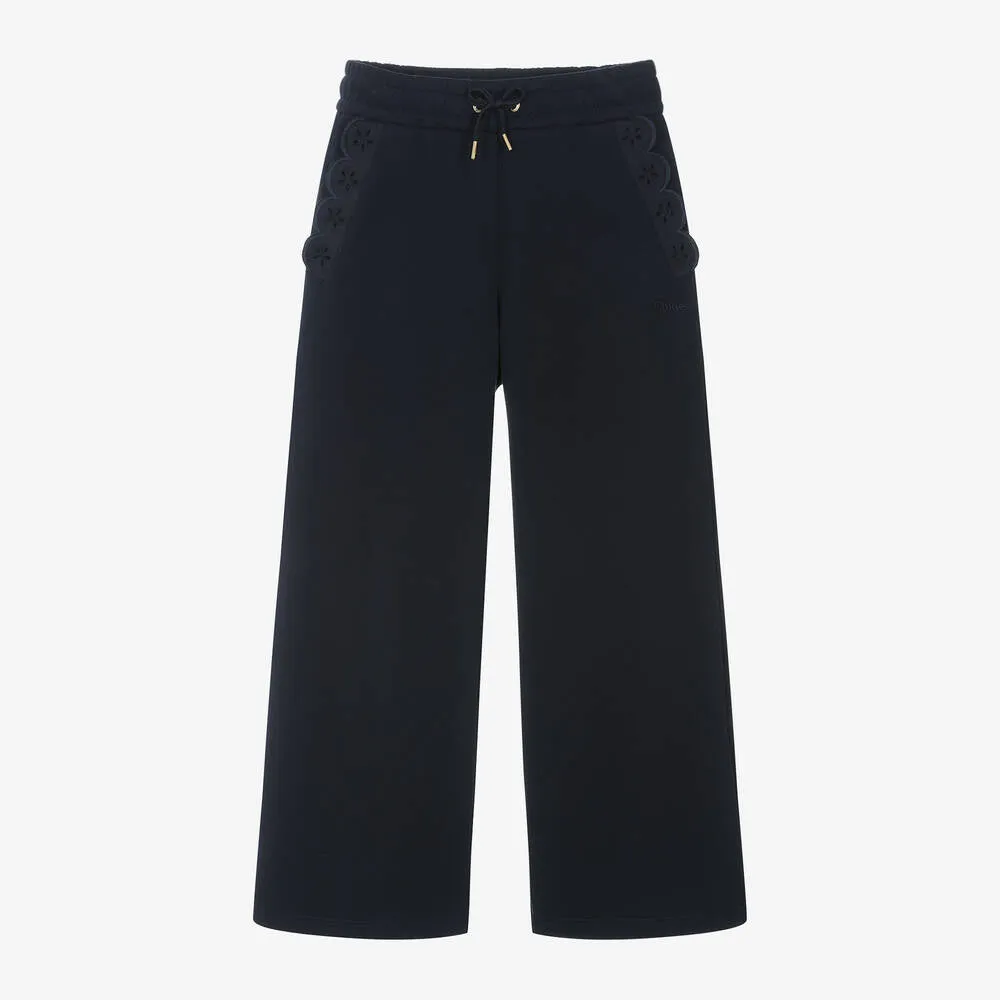 Chloé Girls Navy Blue Cotton Wide-Leg Joggers