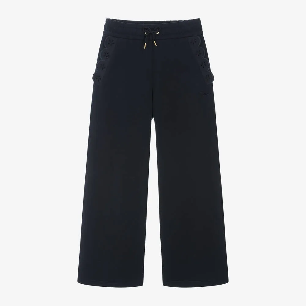 Chloé Girls Navy Blue Cotton Wide-Leg Joggers