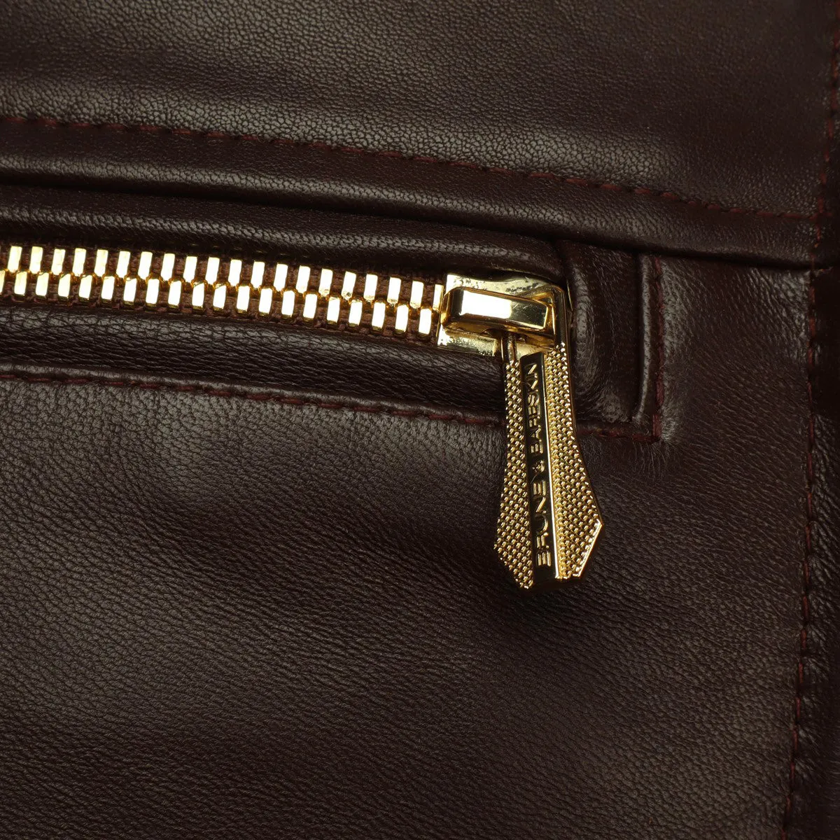 Brune & Bareskin Classic Dark Brown Leather Jacket with Ban Neck Collar and Front Zipper Pockets
