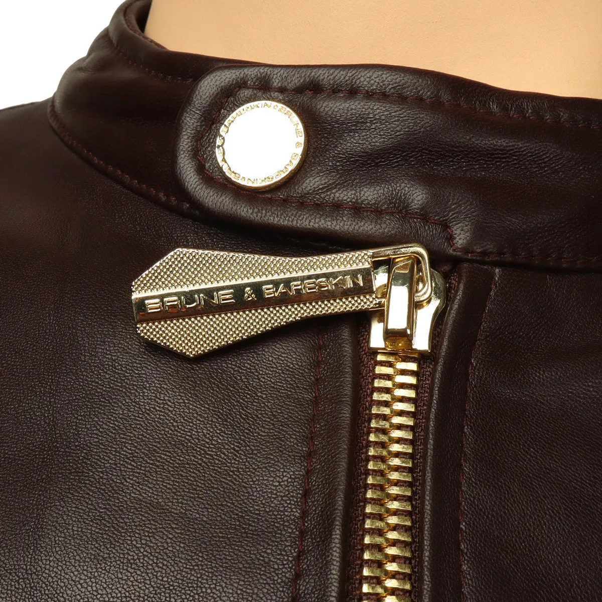 Brune & Bareskin Classic Dark Brown Leather Jacket with Ban Neck Collar and Front Zipper Pockets