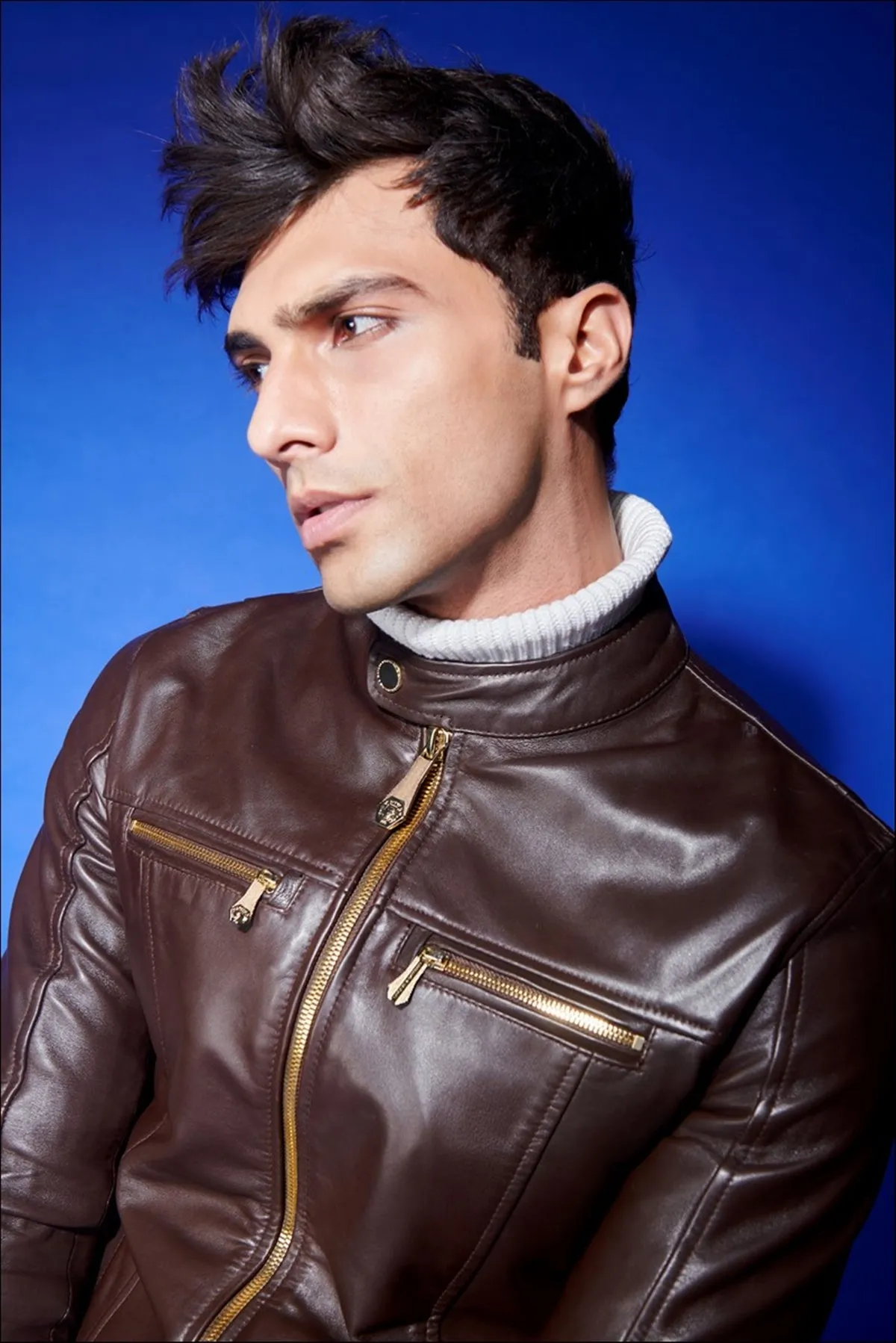 Brune & Bareskin Classic Dark Brown Leather Jacket with Ban Neck Collar and Front Zipper Pockets