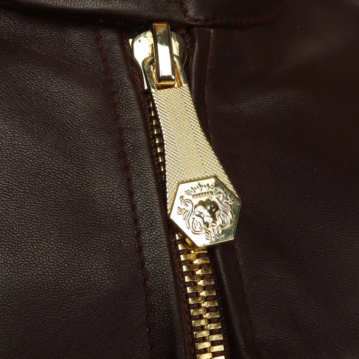 Brune & Bareskin Classic Dark Brown Leather Jacket with Ban Neck Collar and Front Zipper Pockets