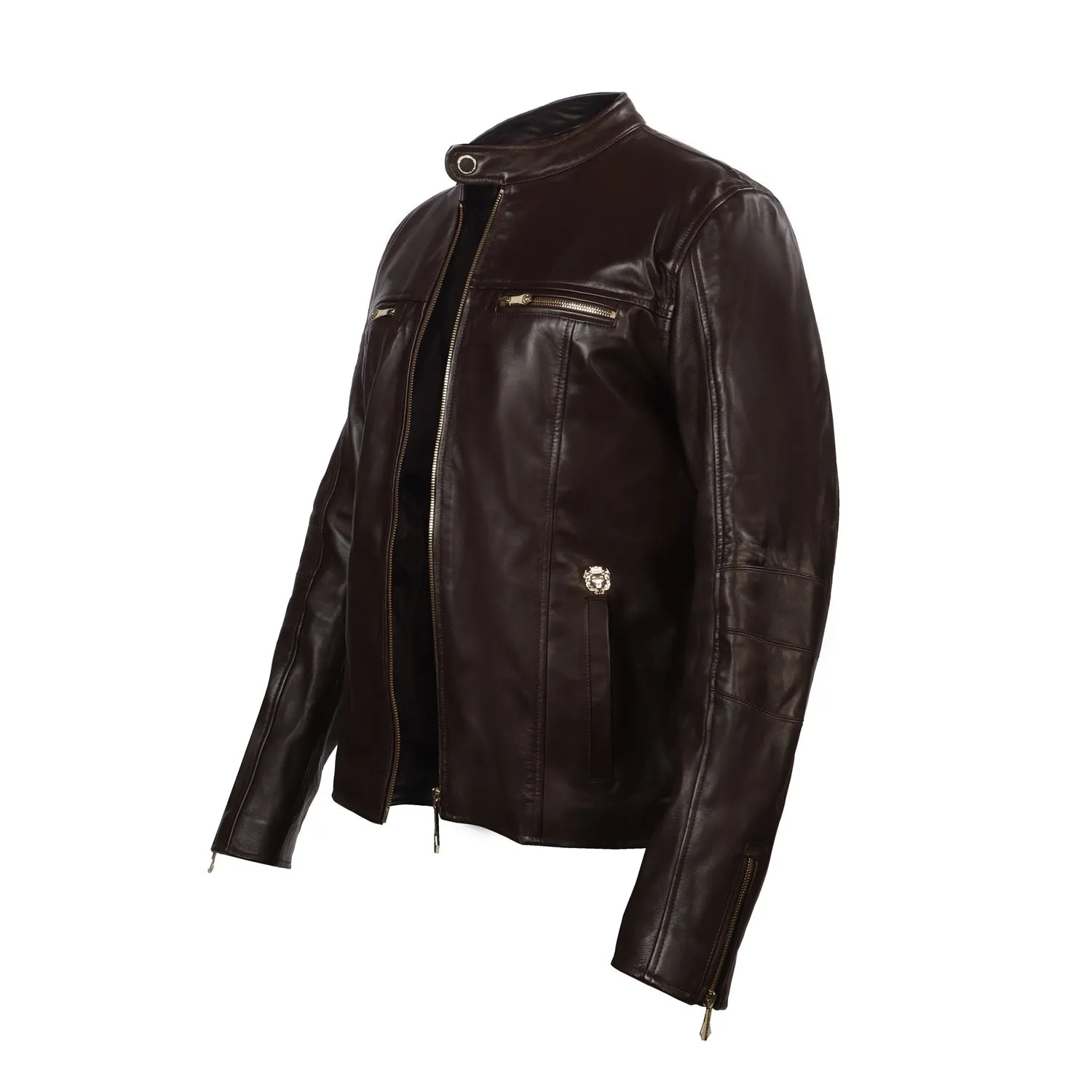 Brune & Bareskin Classic Dark Brown Leather Jacket with Ban Neck Collar and Front Zipper Pockets