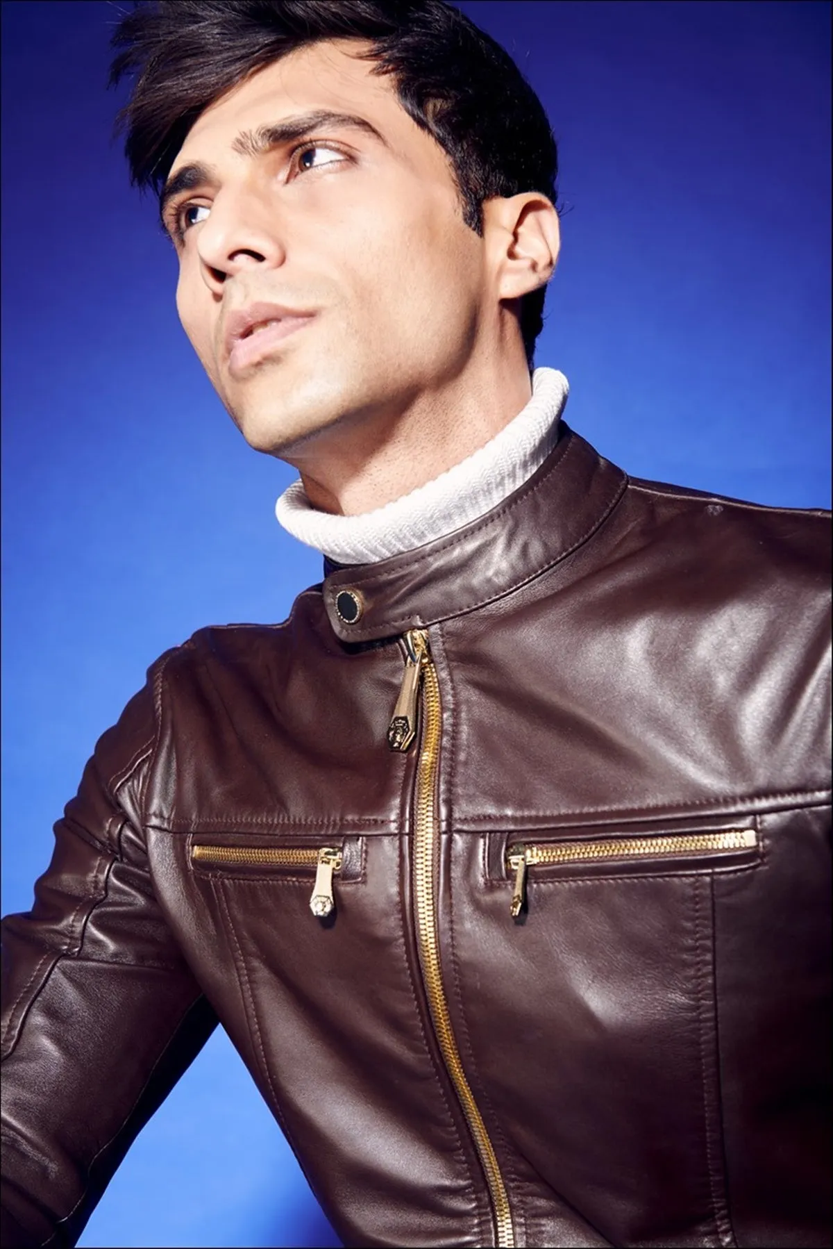 Brune & Bareskin Classic Dark Brown Leather Jacket with Ban Neck Collar and Front Zipper Pockets
