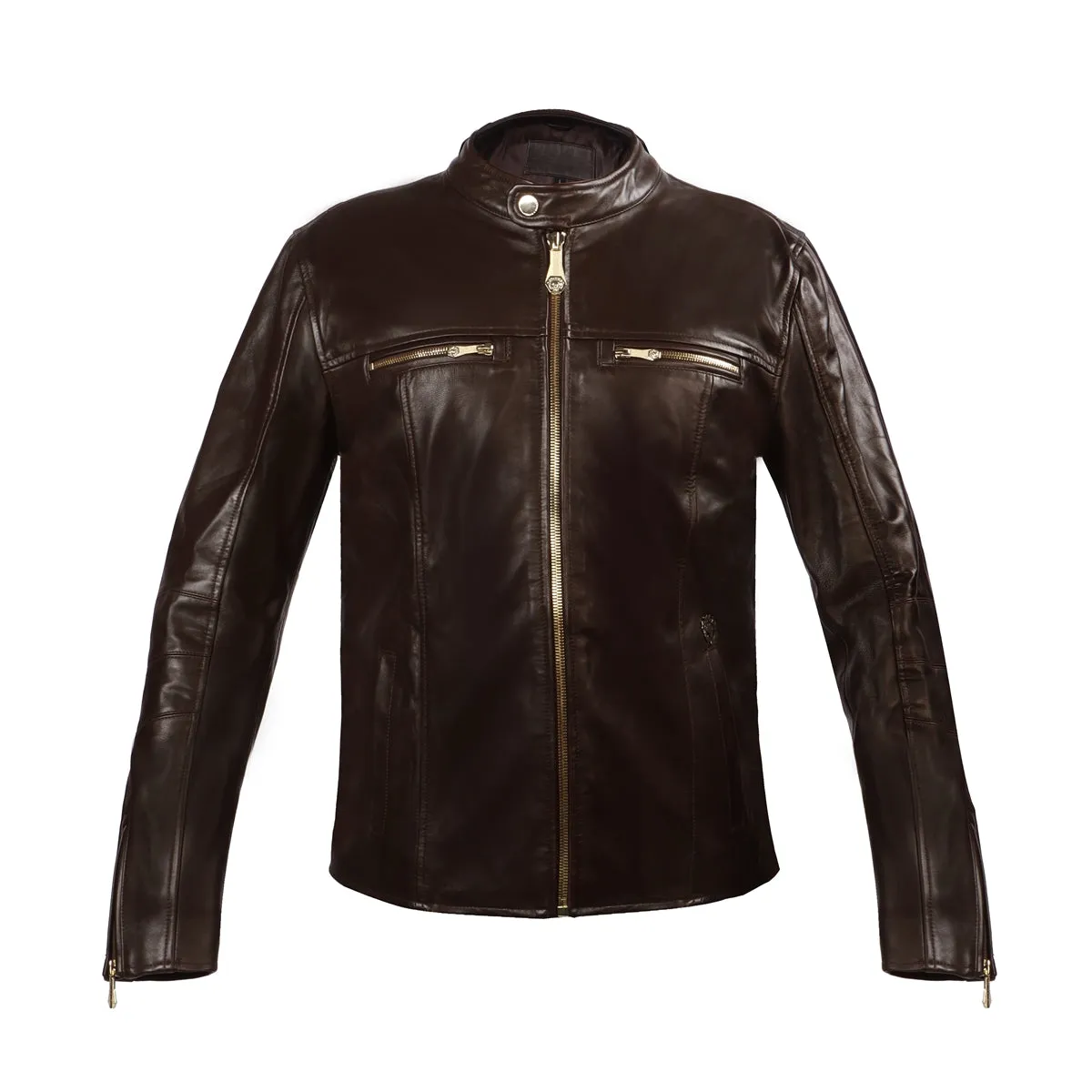 Brune & Bareskin Classic Dark Brown Leather Jacket with Ban Neck Collar and Front Zipper Pockets